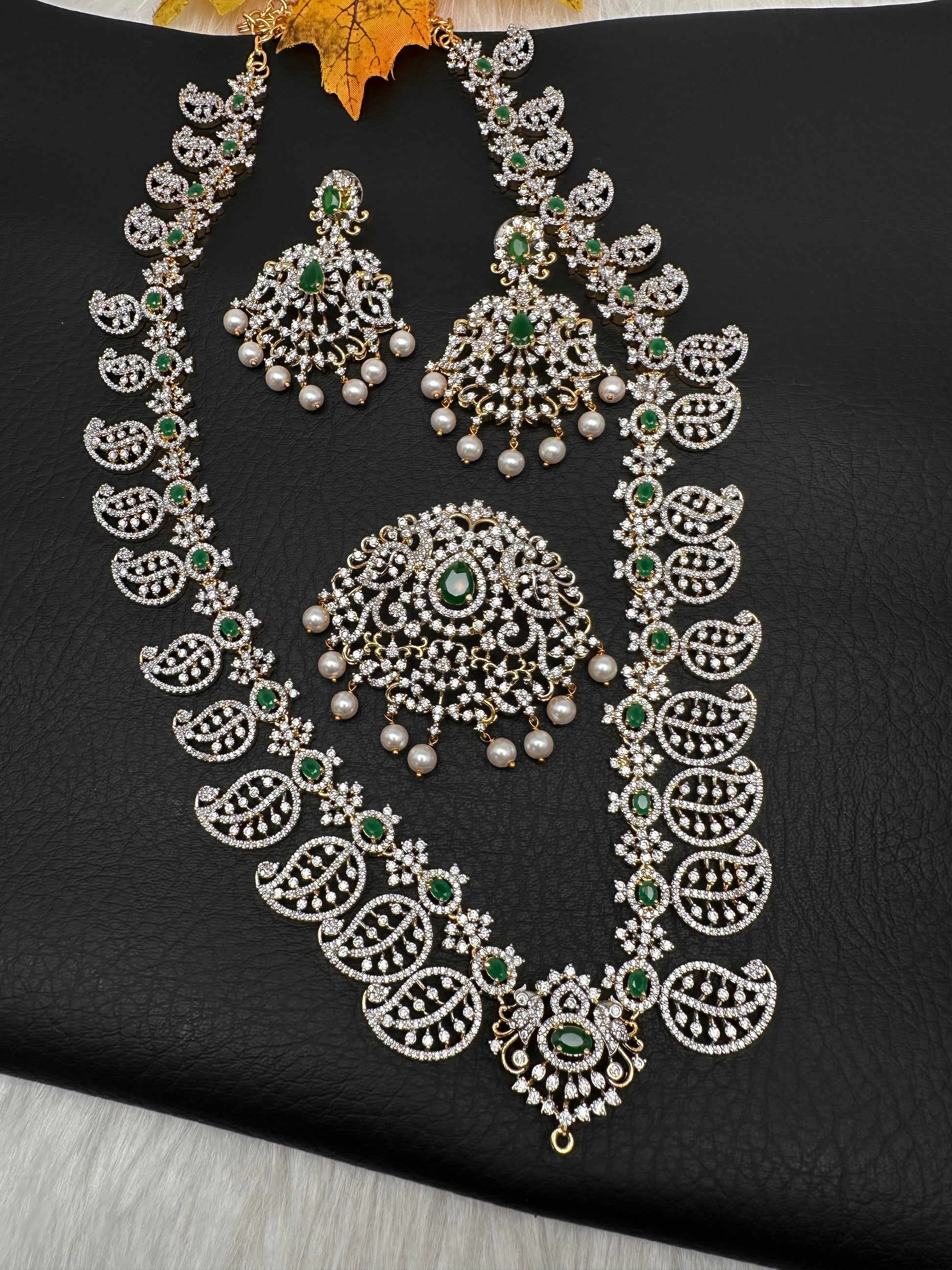 Mango Mala AD  Color Stone Detachable Pendent Long Necklace - Green