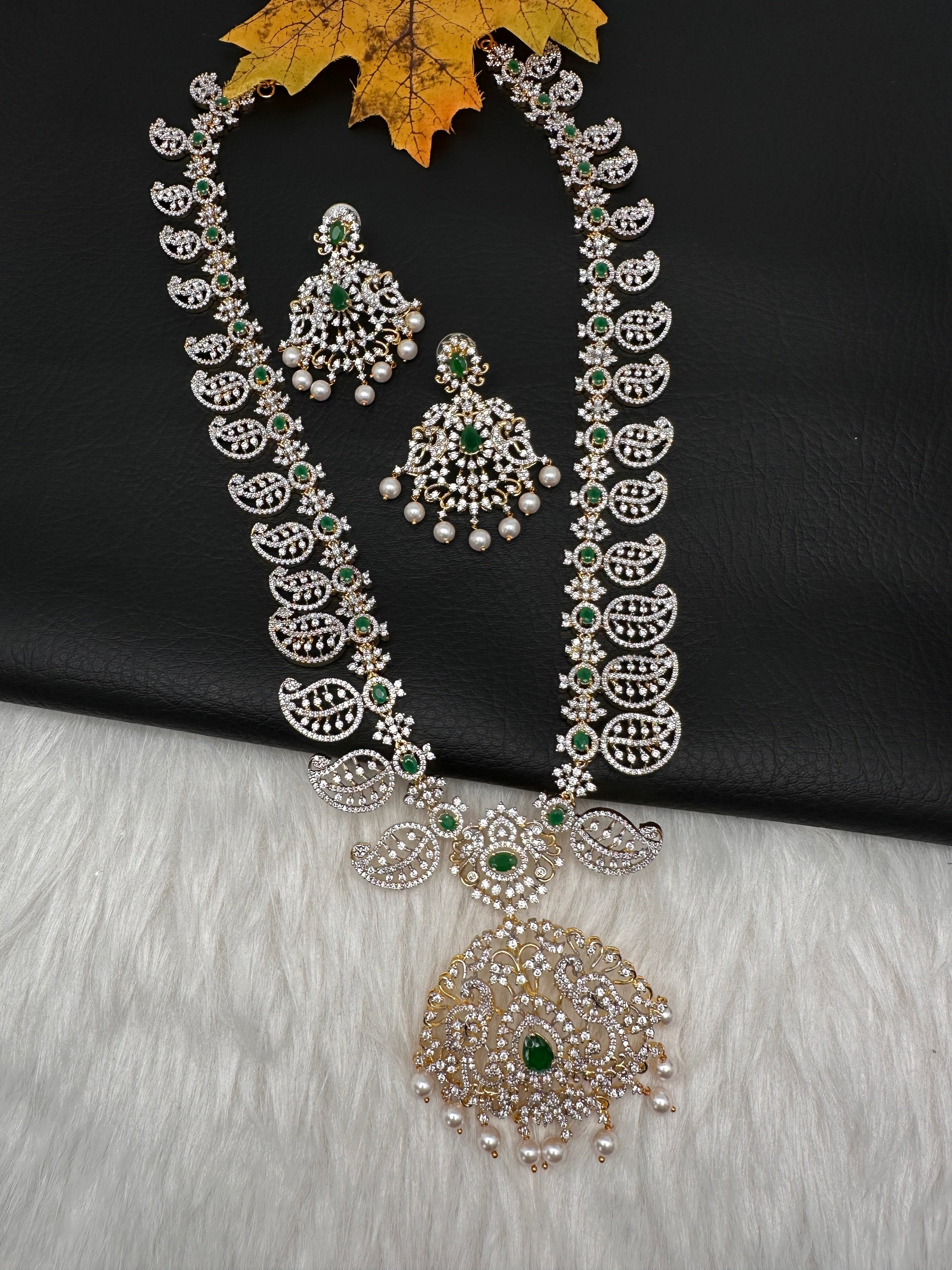 Mango Mala AD  Color Stone Detachable Pendent Long Necklace - Green