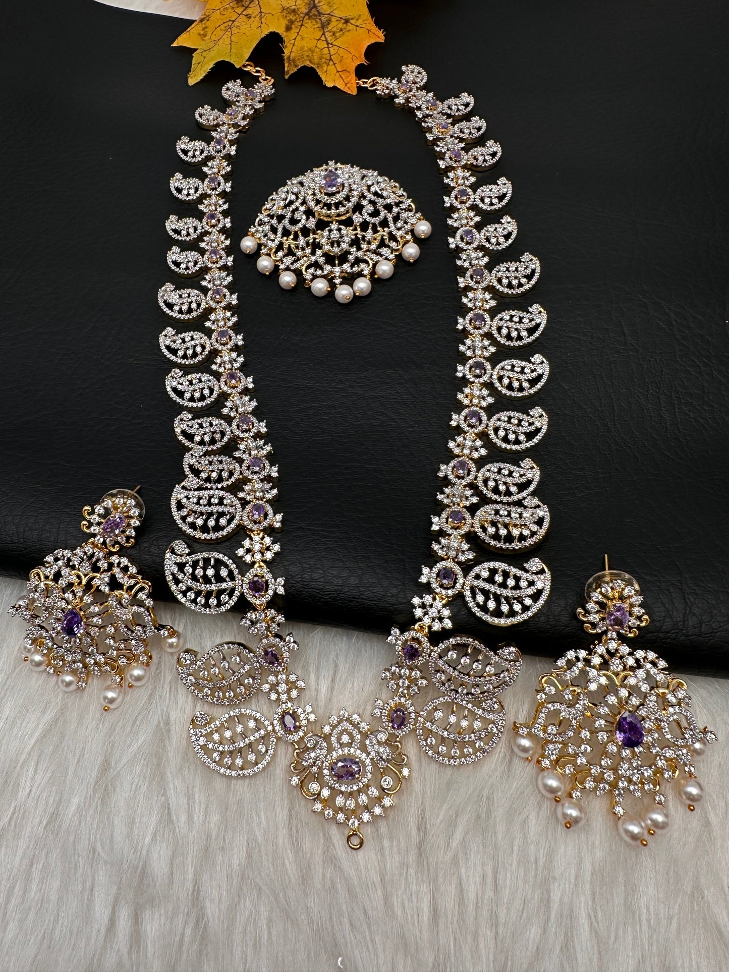 Mango Mala AD  Color Stone Detachable Pendent Long Necklace - Purple