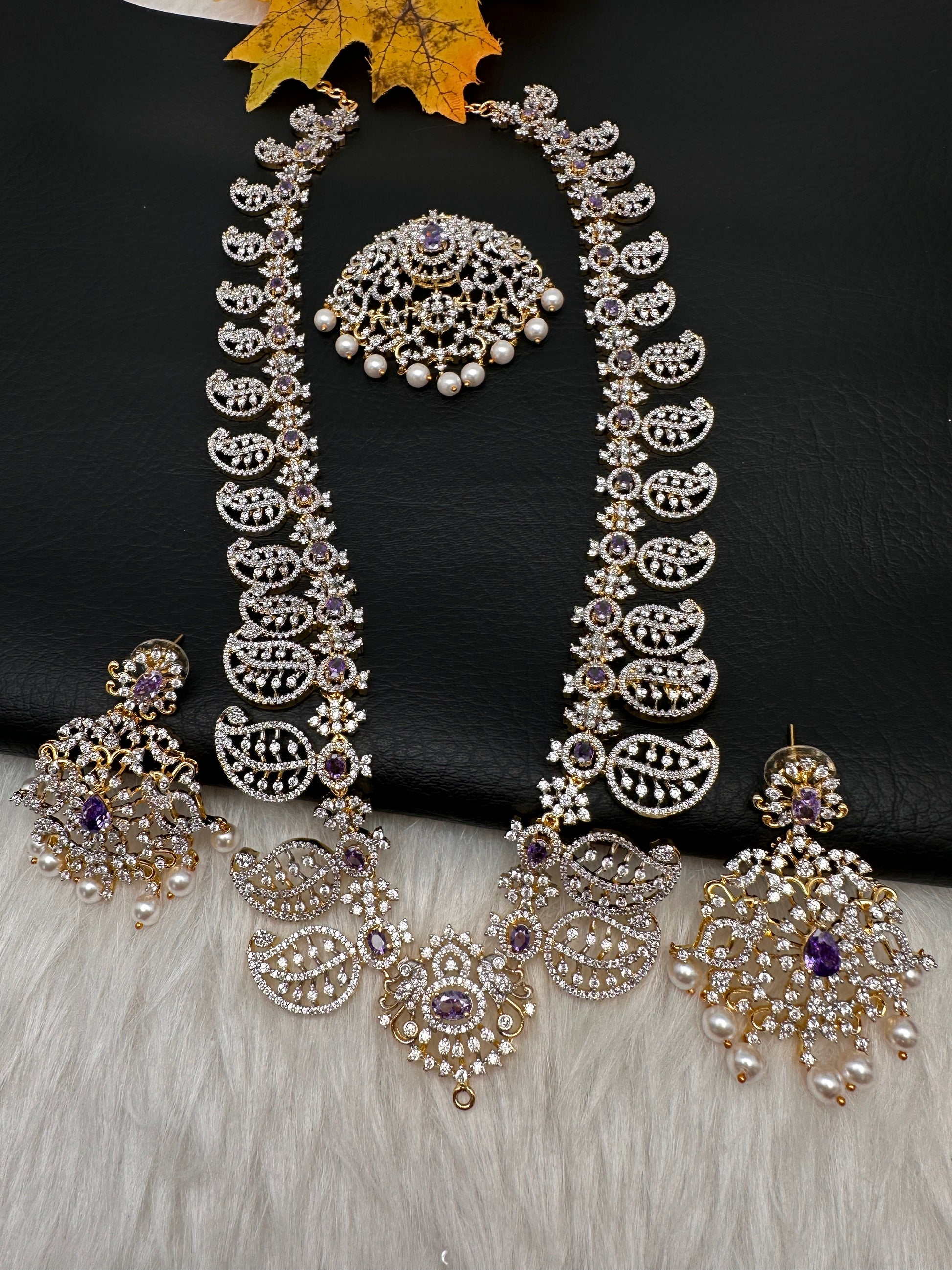 Mango Mala AD  Color Stone Detachable Pendent Long Necklace - Purple