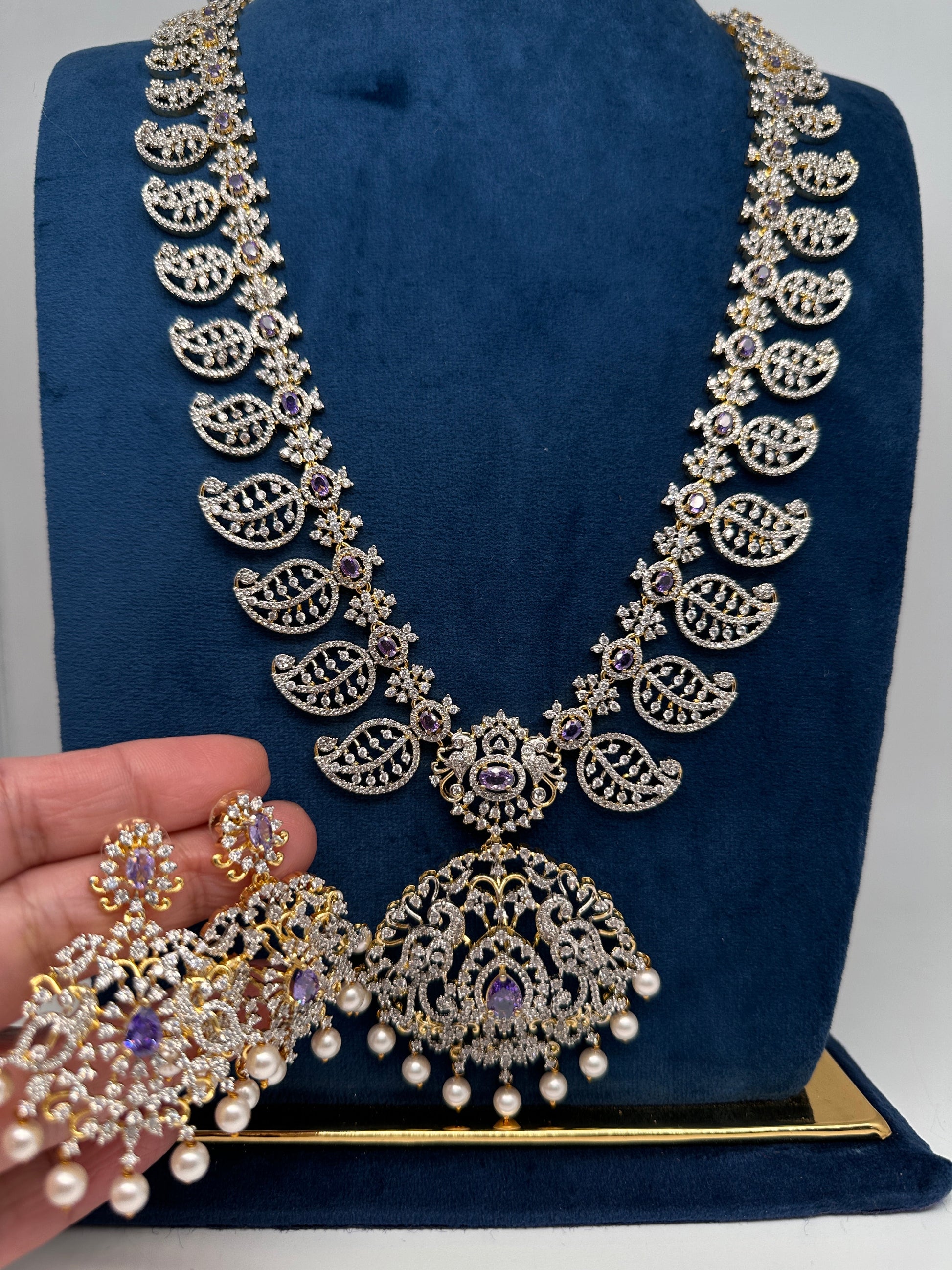 Mango Mala AD  Color Stone Detachable Pendent Long Necklace - Purple