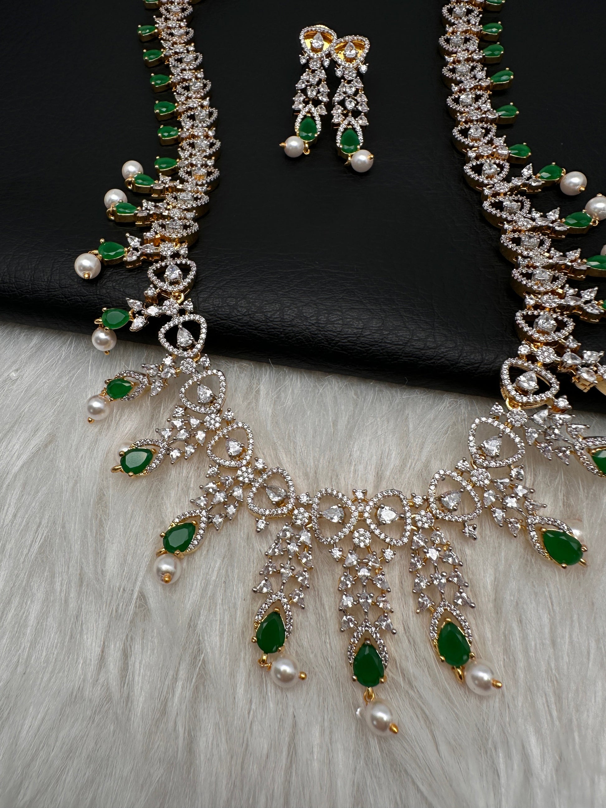AD Pearls Color Stone Long Necklace - Green