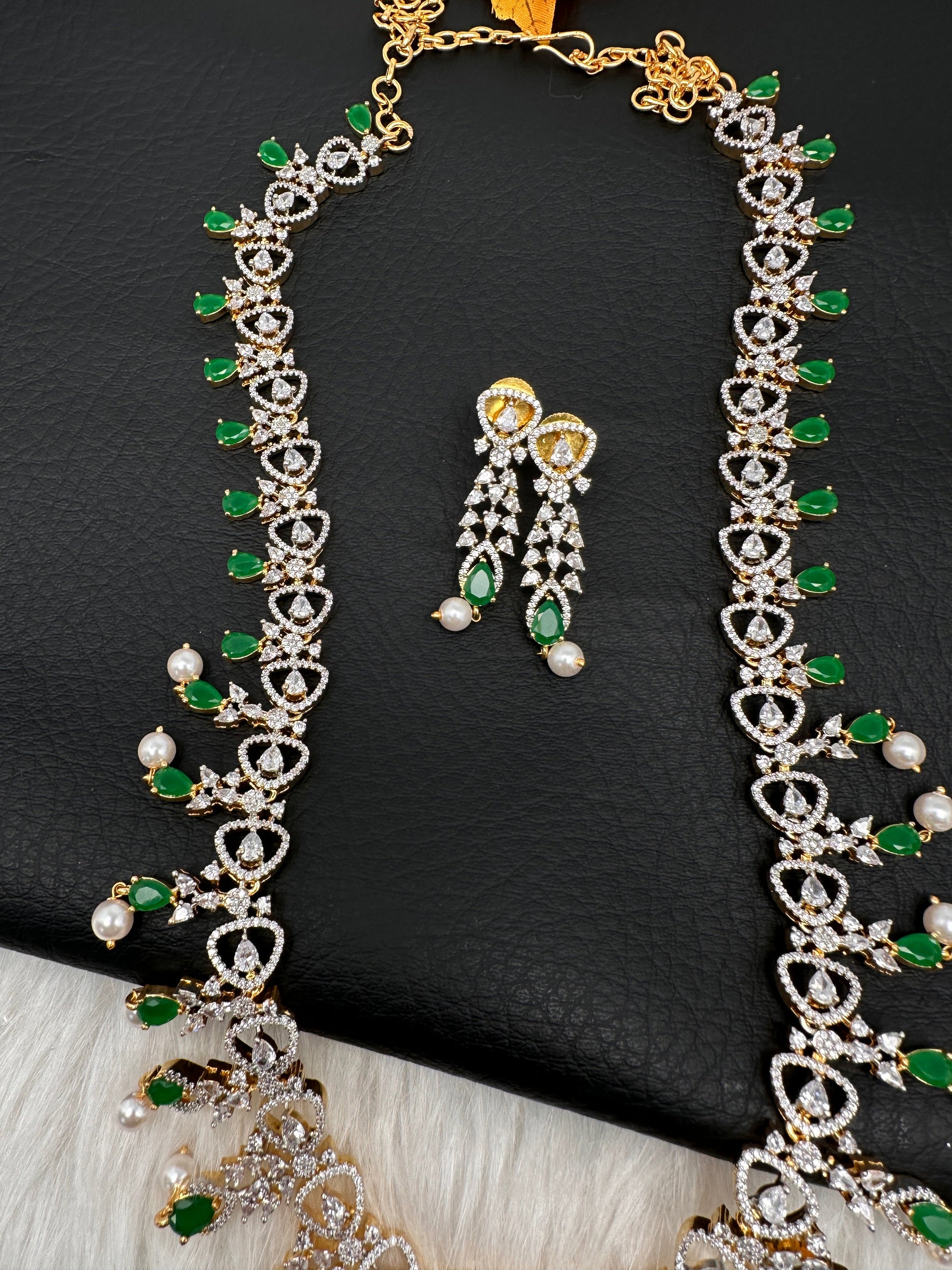 AD Pearls Color Stone Long Necklace - Green