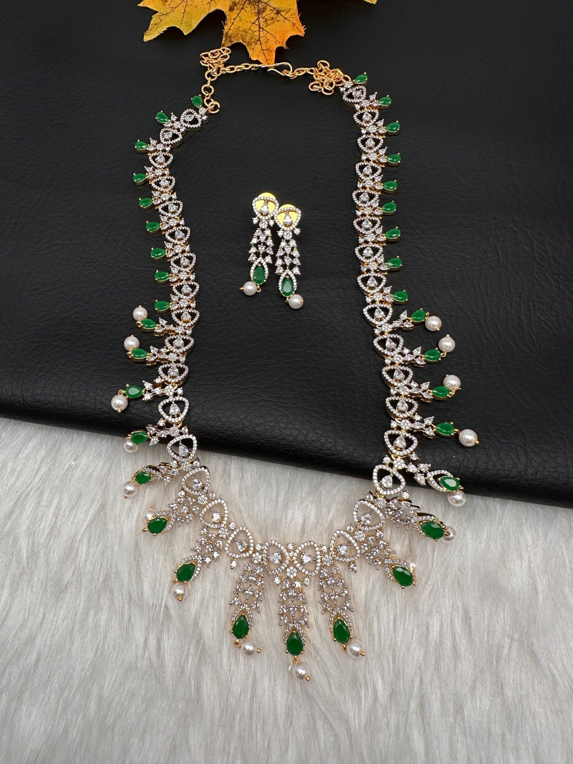 AD Pearls Color Stone Long Necklace - Green