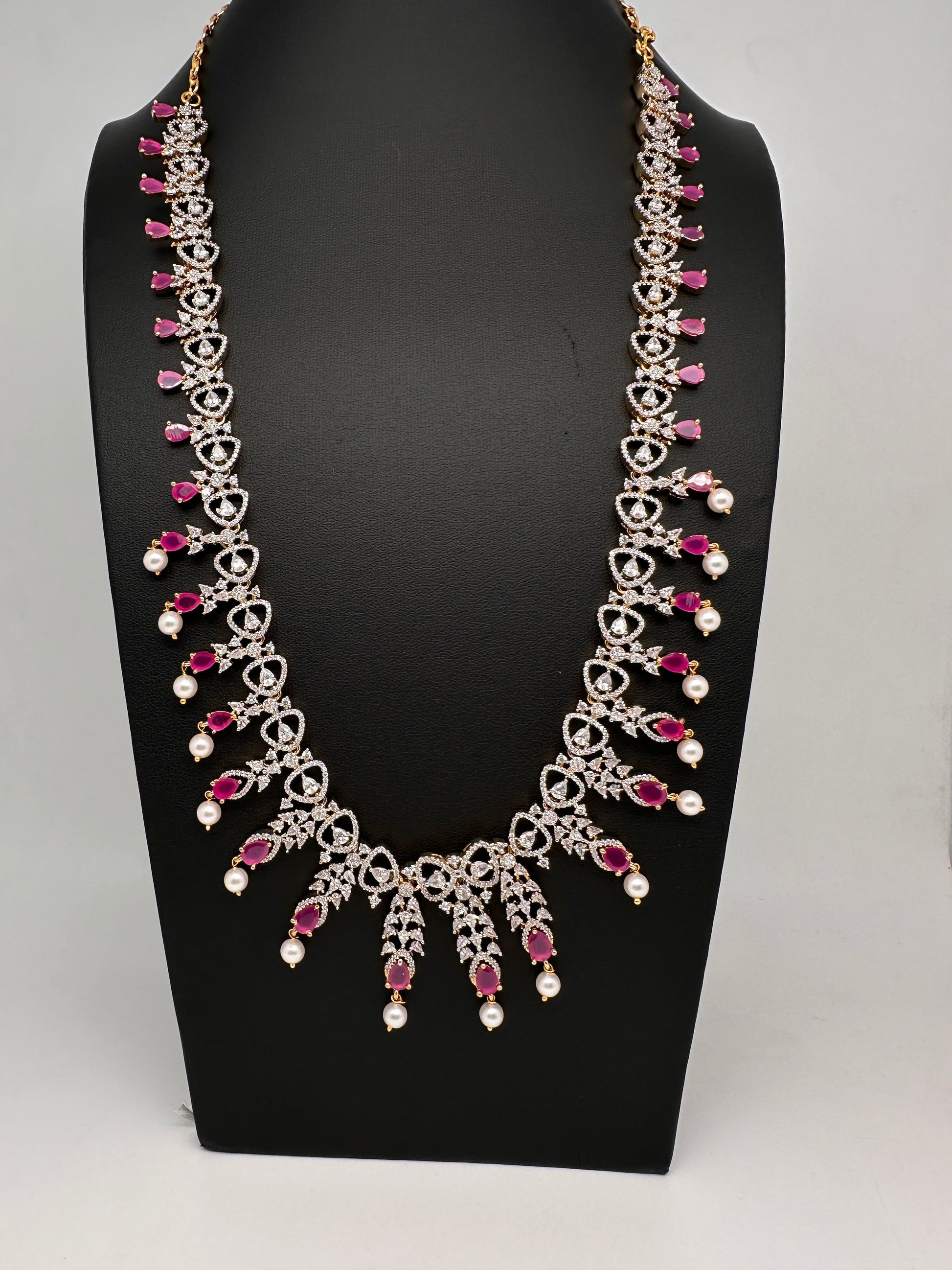 AD Pearls Color Stone Long Necklace - Red