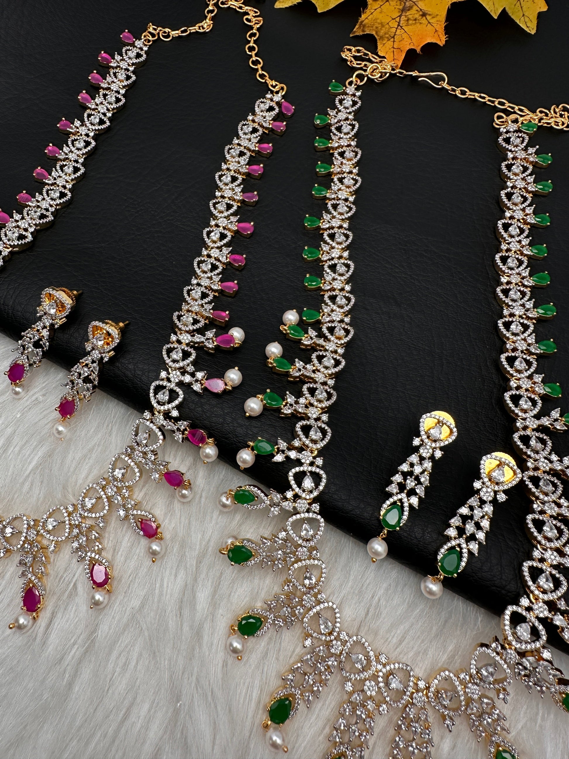 AD Pearls Color Stone Long Necklace - Red