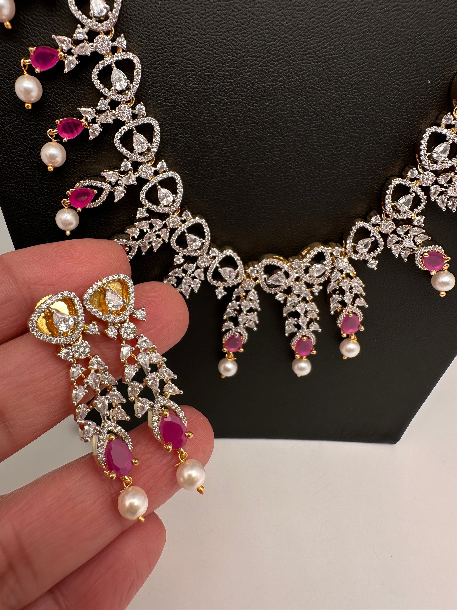 AD Pearls Color Stone Long Necklace - Red