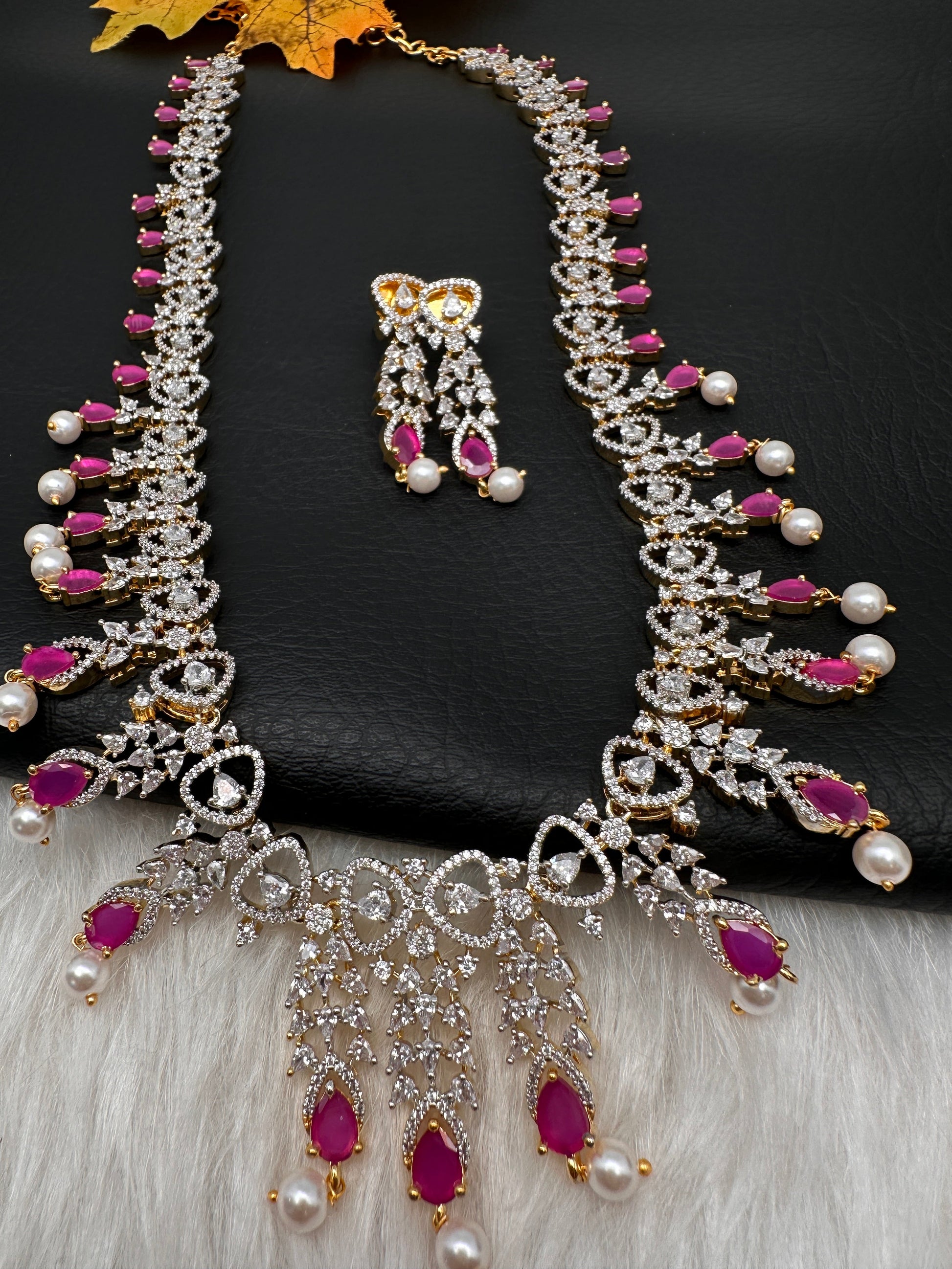 AD Pearls Color Stone Long Necklace - Red