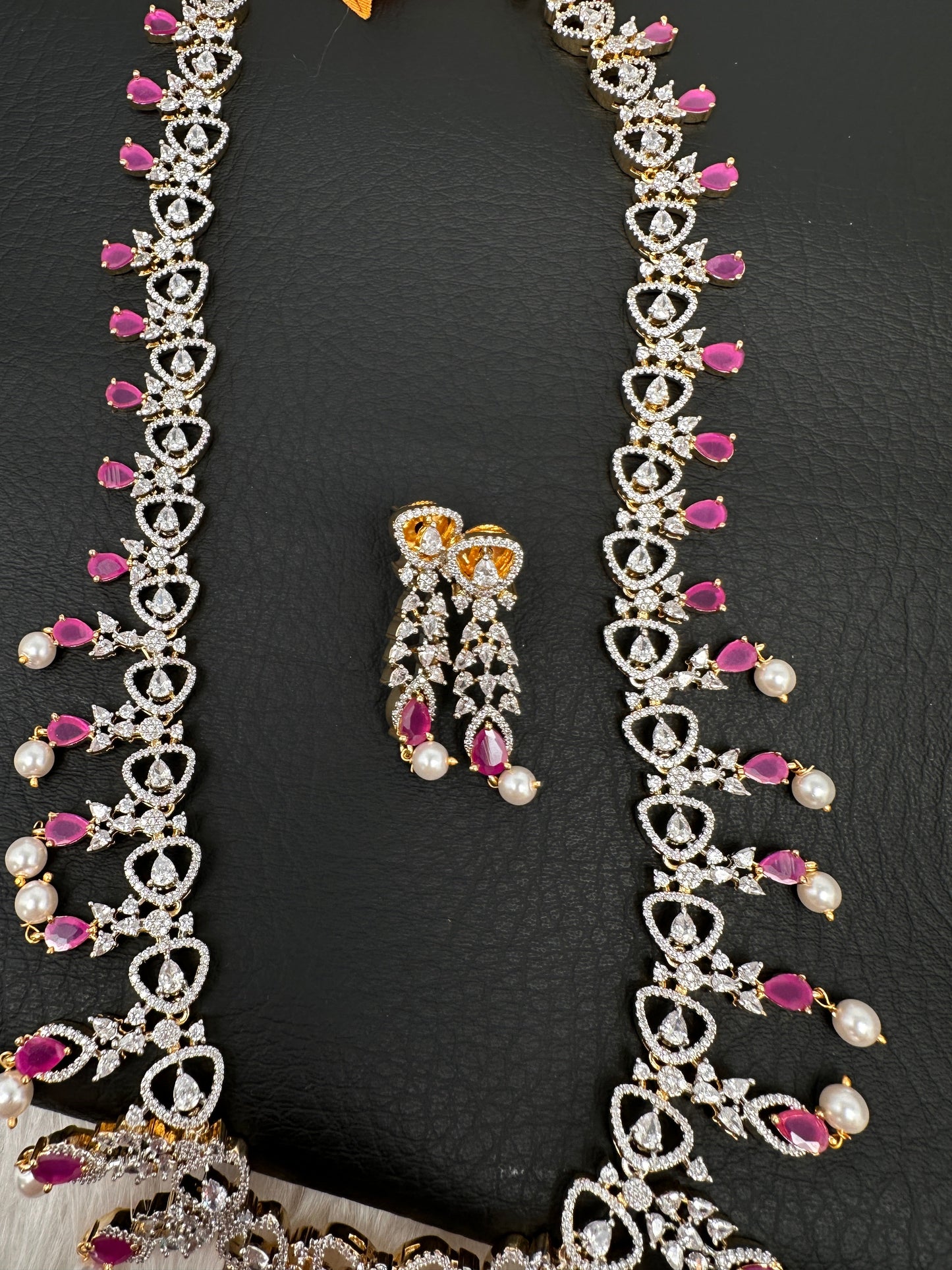 AD Pearls Color Stone Long Necklace - Red