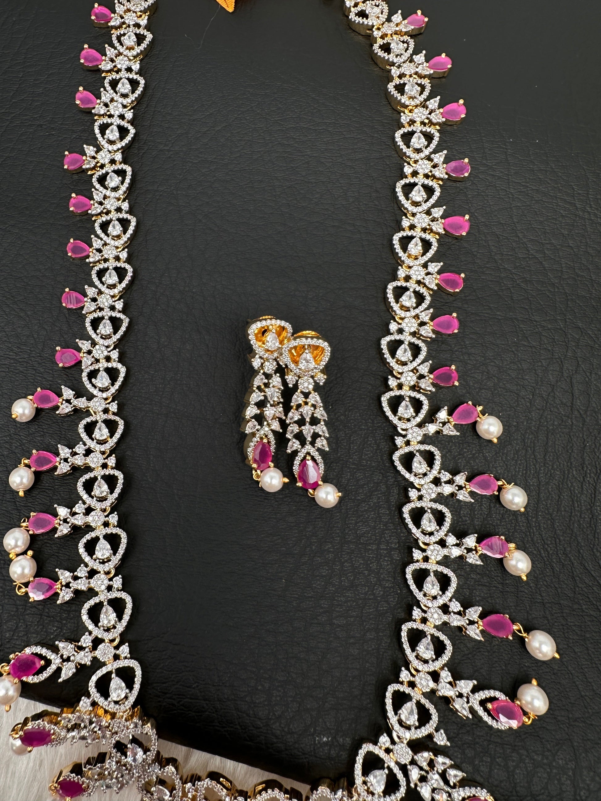 AD Pearls Color Stone Long Necklace - Red