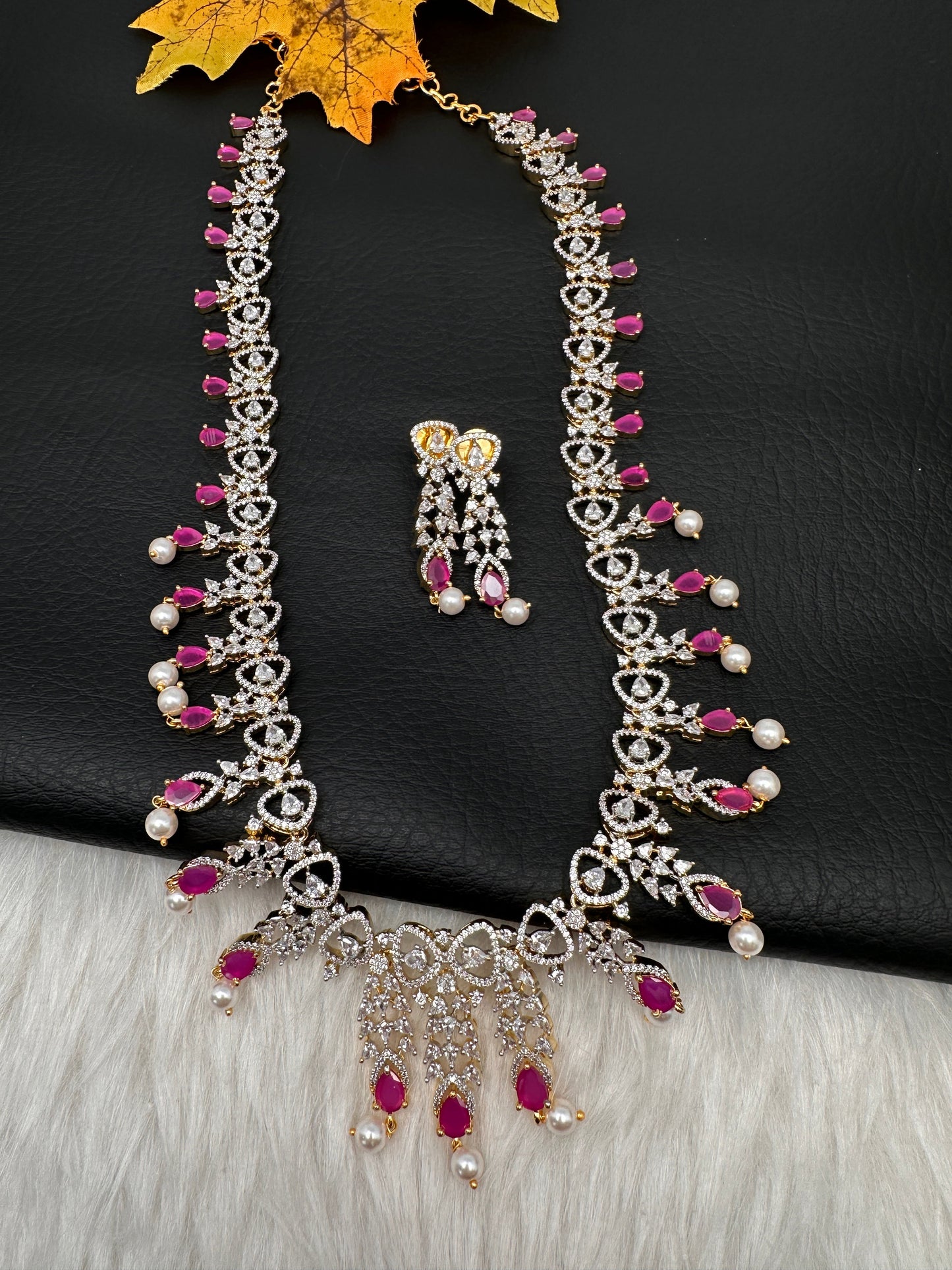 AD Pearls Color Stone Long Necklace - Red