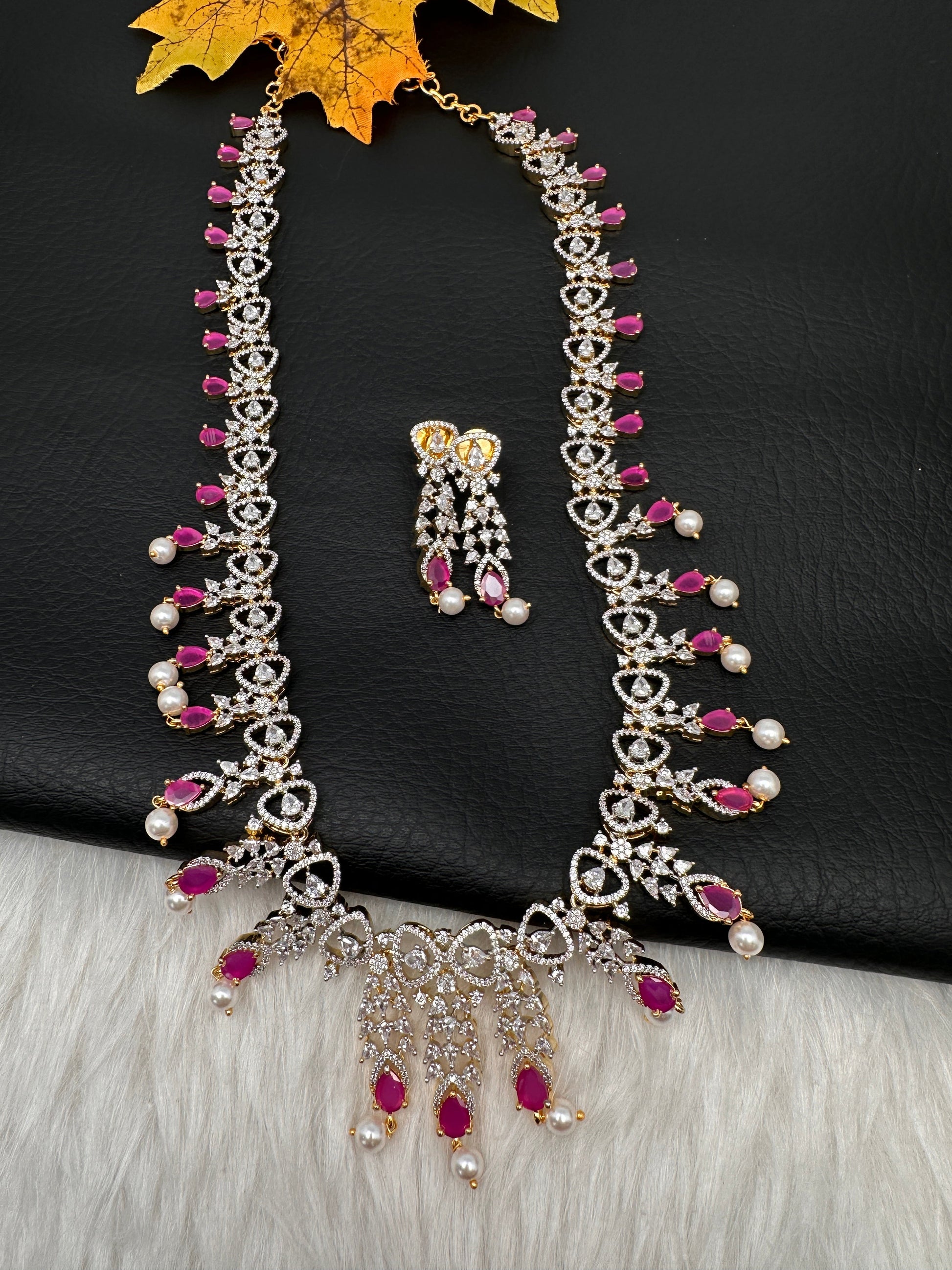 AD Pearls Color Stone Long Necklace - Red