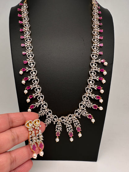 AD Pearls Color Stone Long Necklace - Red