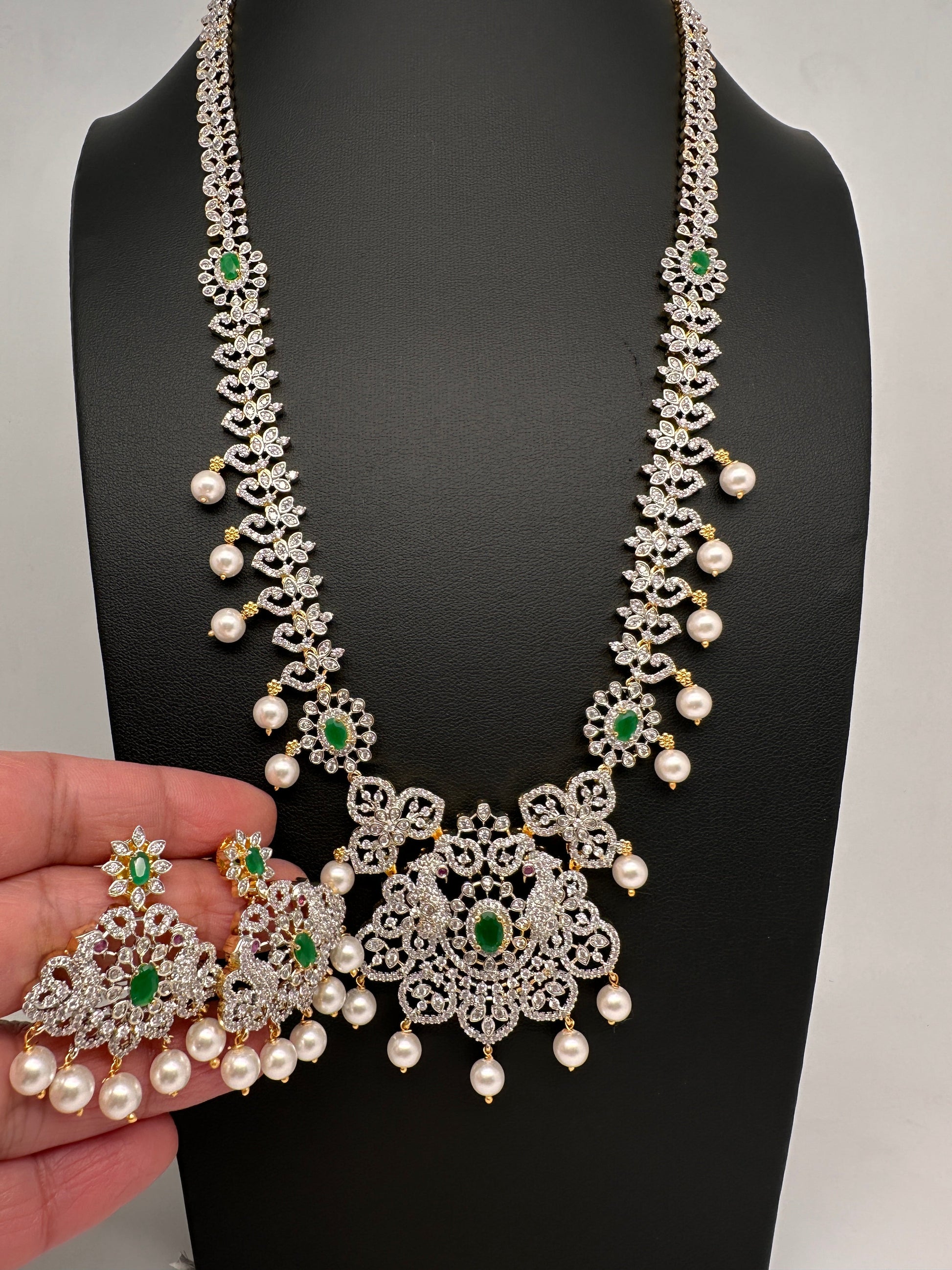 AD Peacock Color Stone Long Necklace - Green