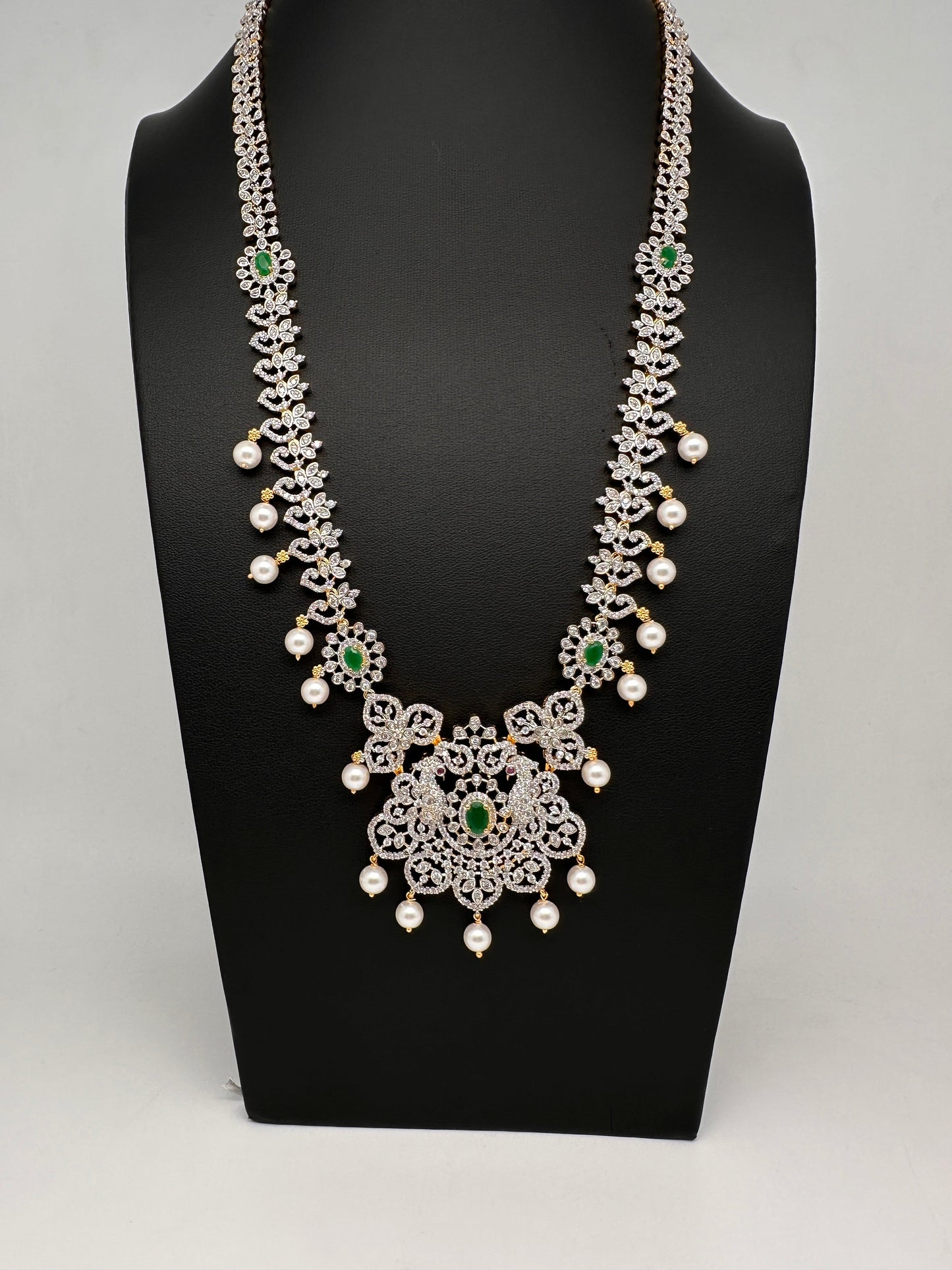 AD Peacock Color Stone Long Necklace - Green