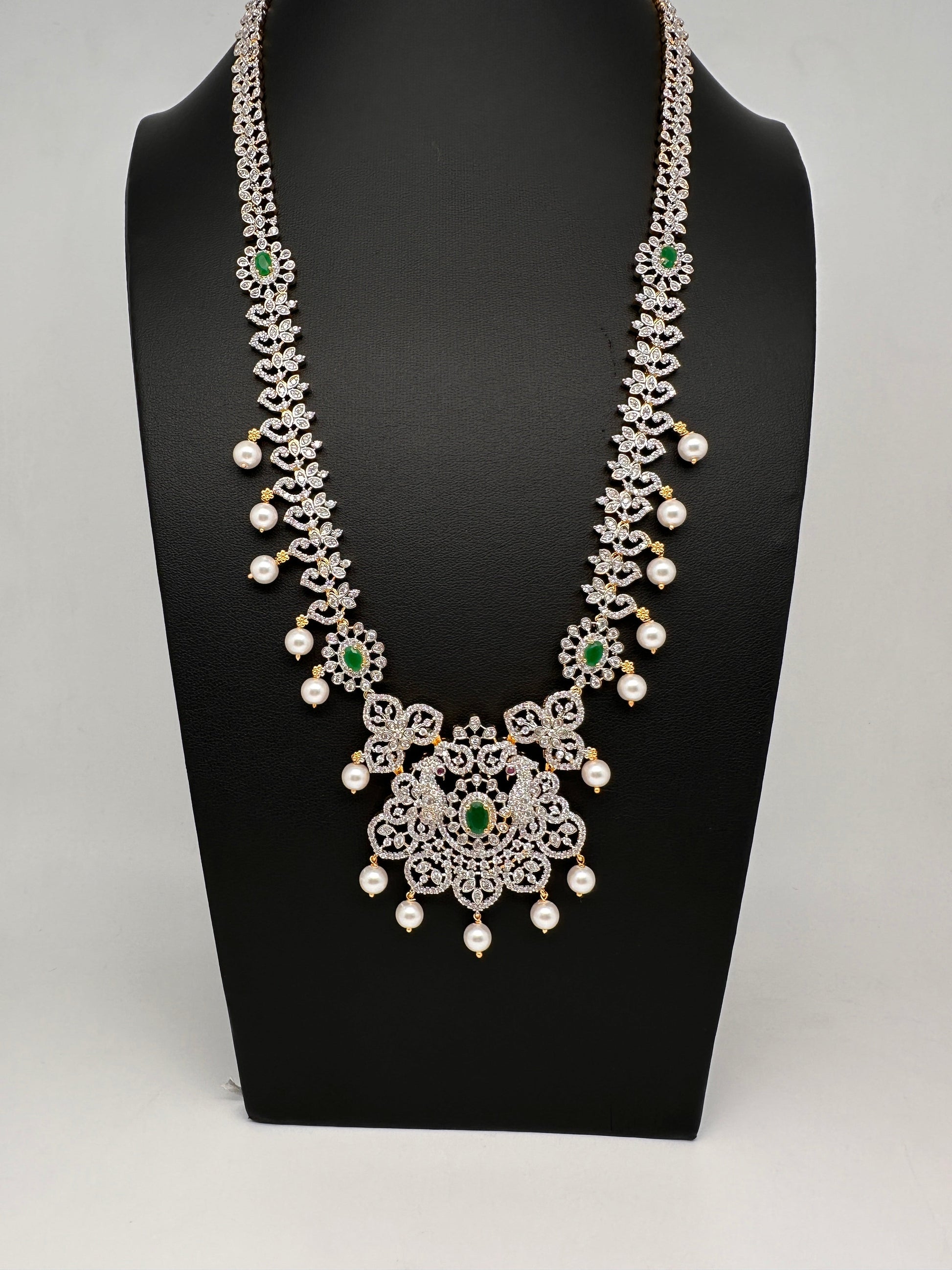 AD Peacock Color Stone Long Necklace - Green