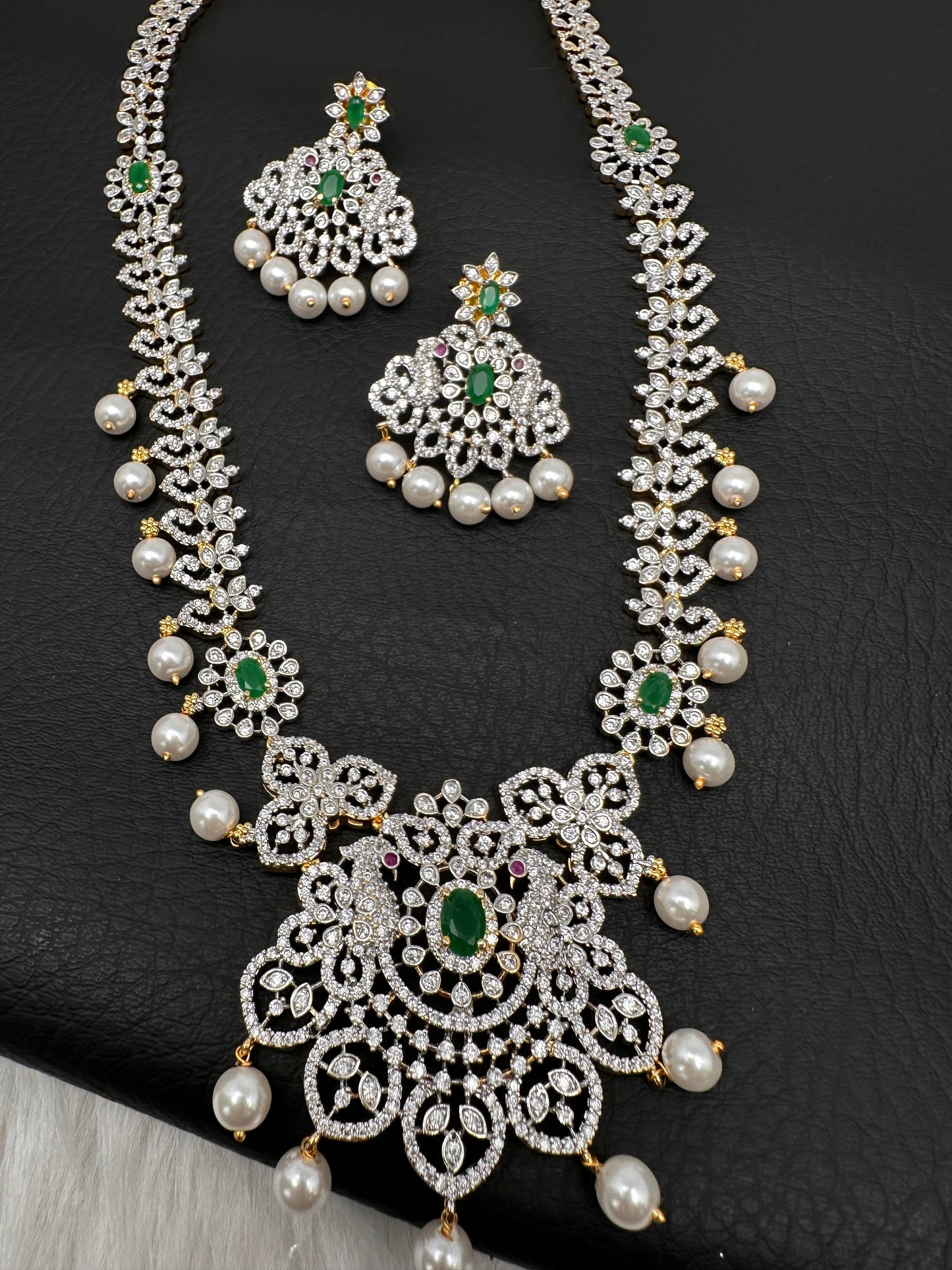 AD Peacock Color Stone Long Necklace - Green