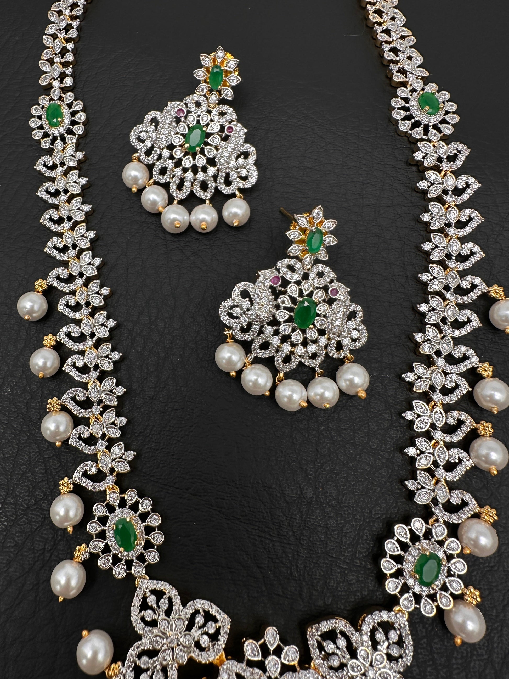 AD Peacock Color Stone Long Necklace - Green