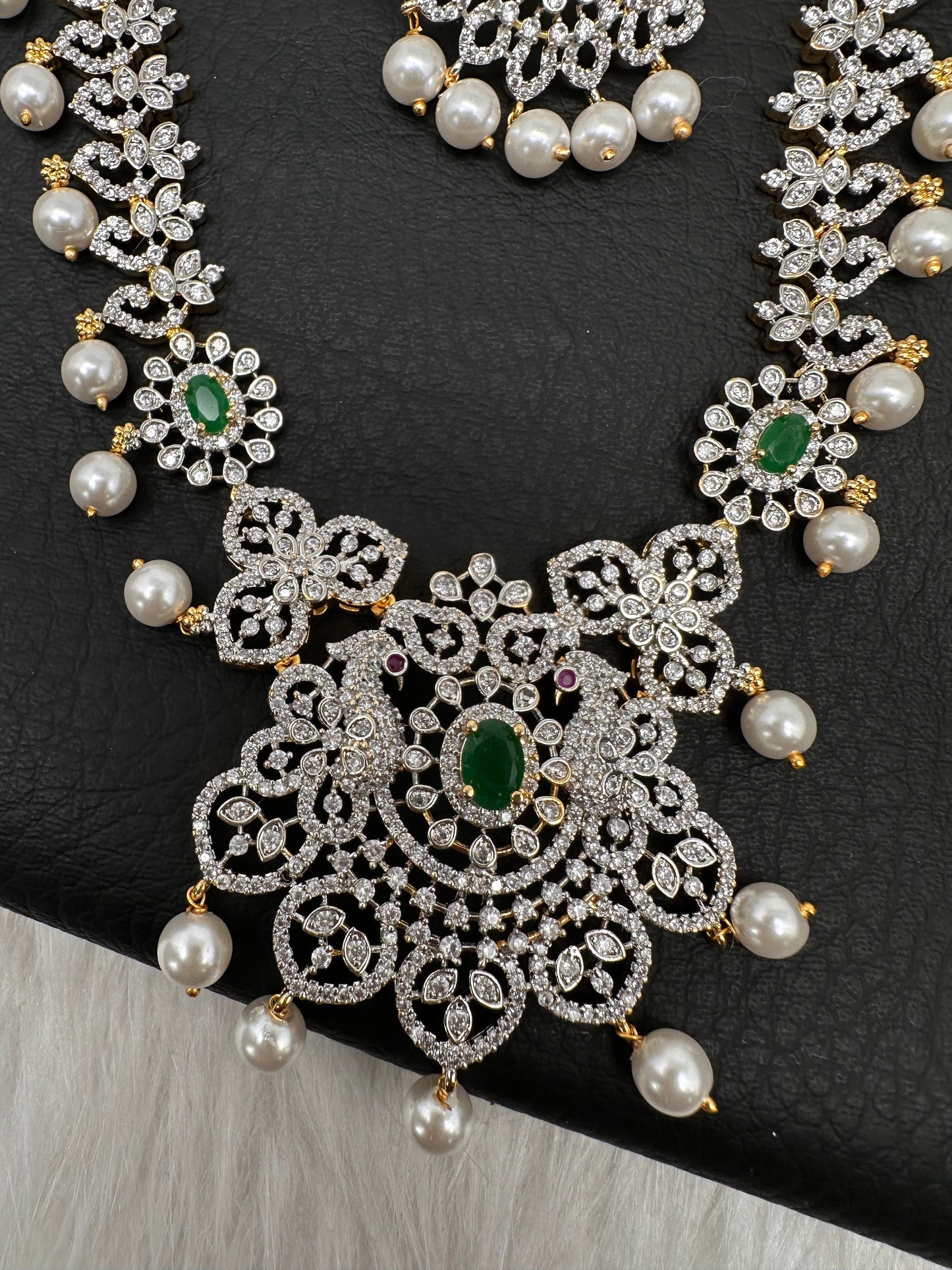 AD Peacock Color Stone Long Necklace - Green