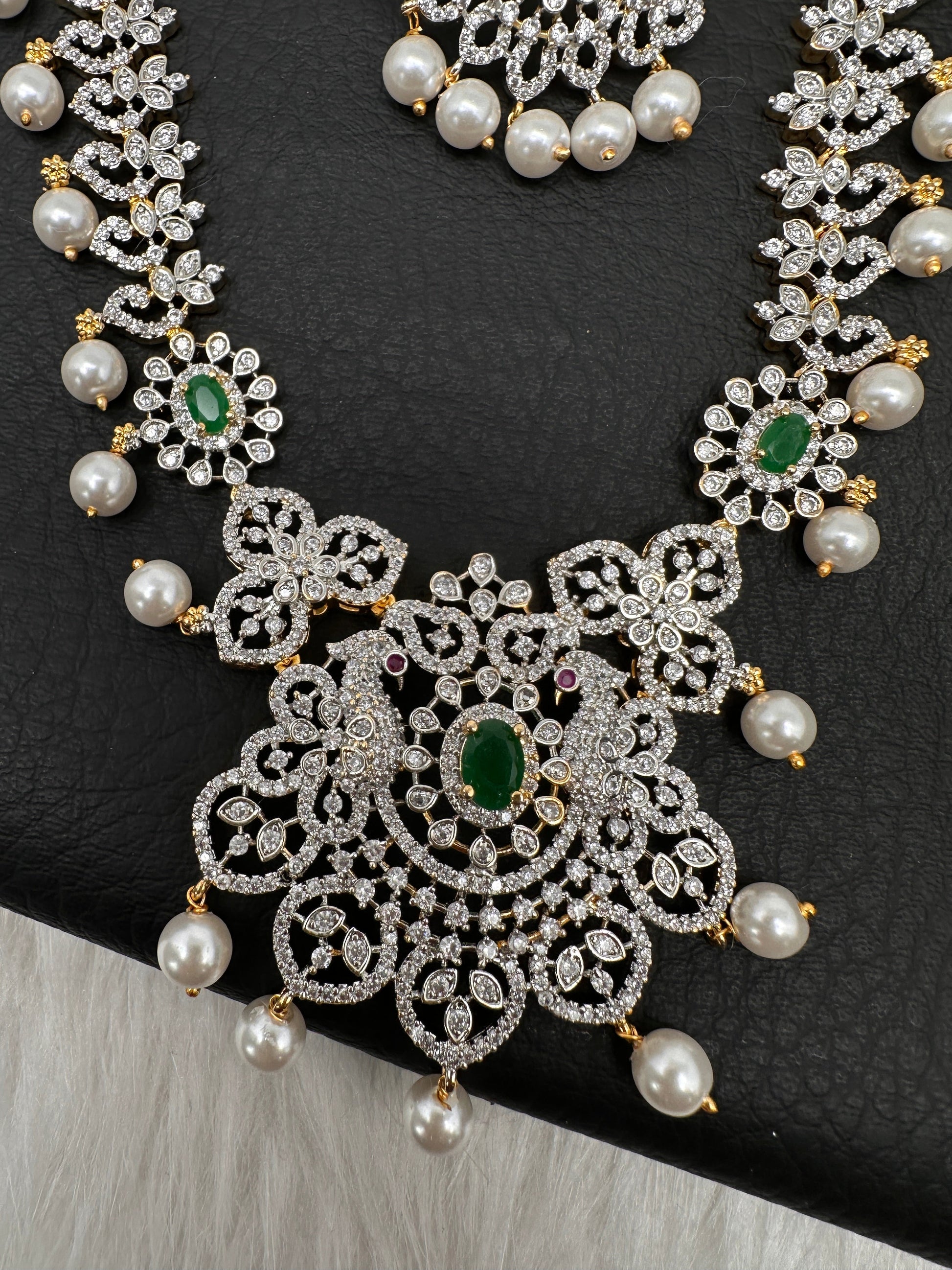 AD Peacock Color Stone Long Necklace - Green