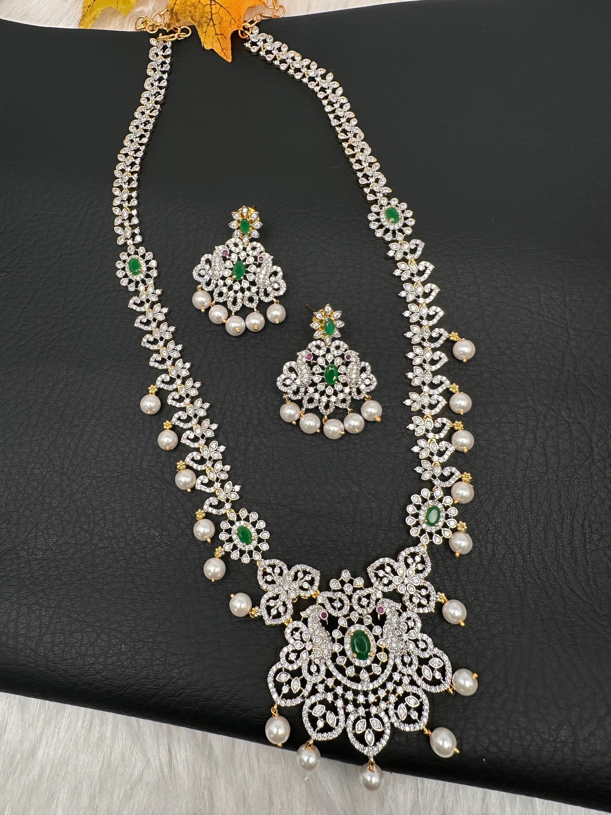 AD Peacock Color Stone Long Necklace - Green