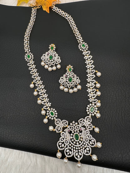 AD Peacock Color Stone Long Necklace - Green