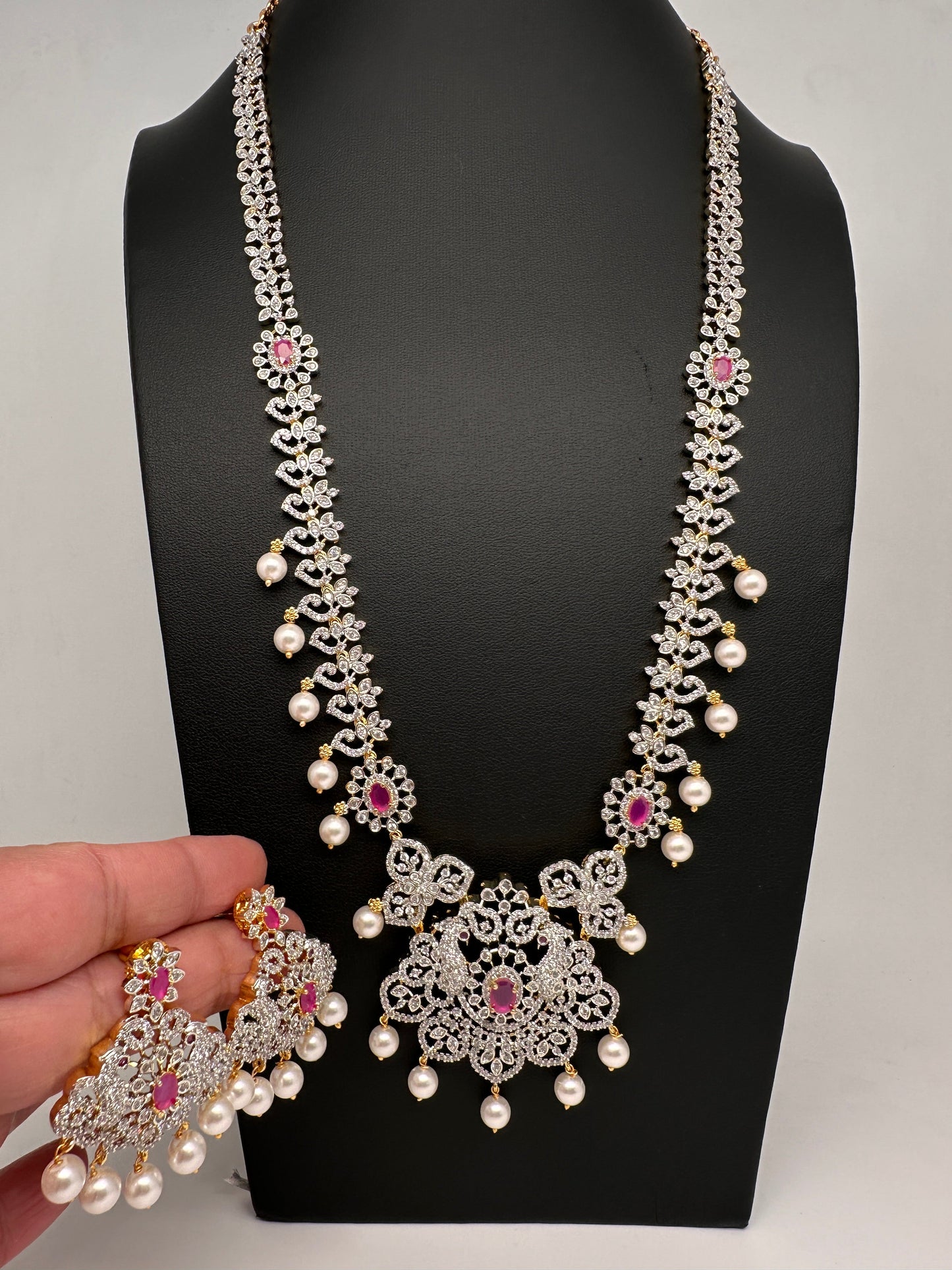 AD Peacock Color Stone Long Necklace - Red