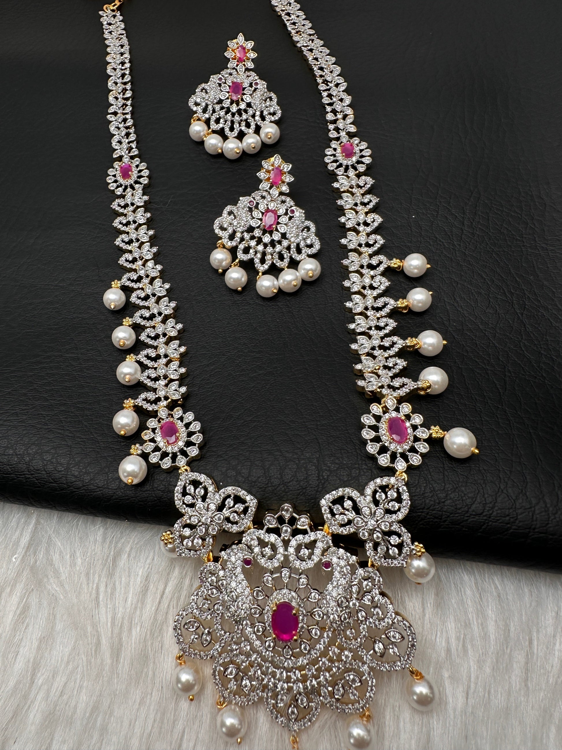 AD Peacock Color Stone Long Necklace - Red