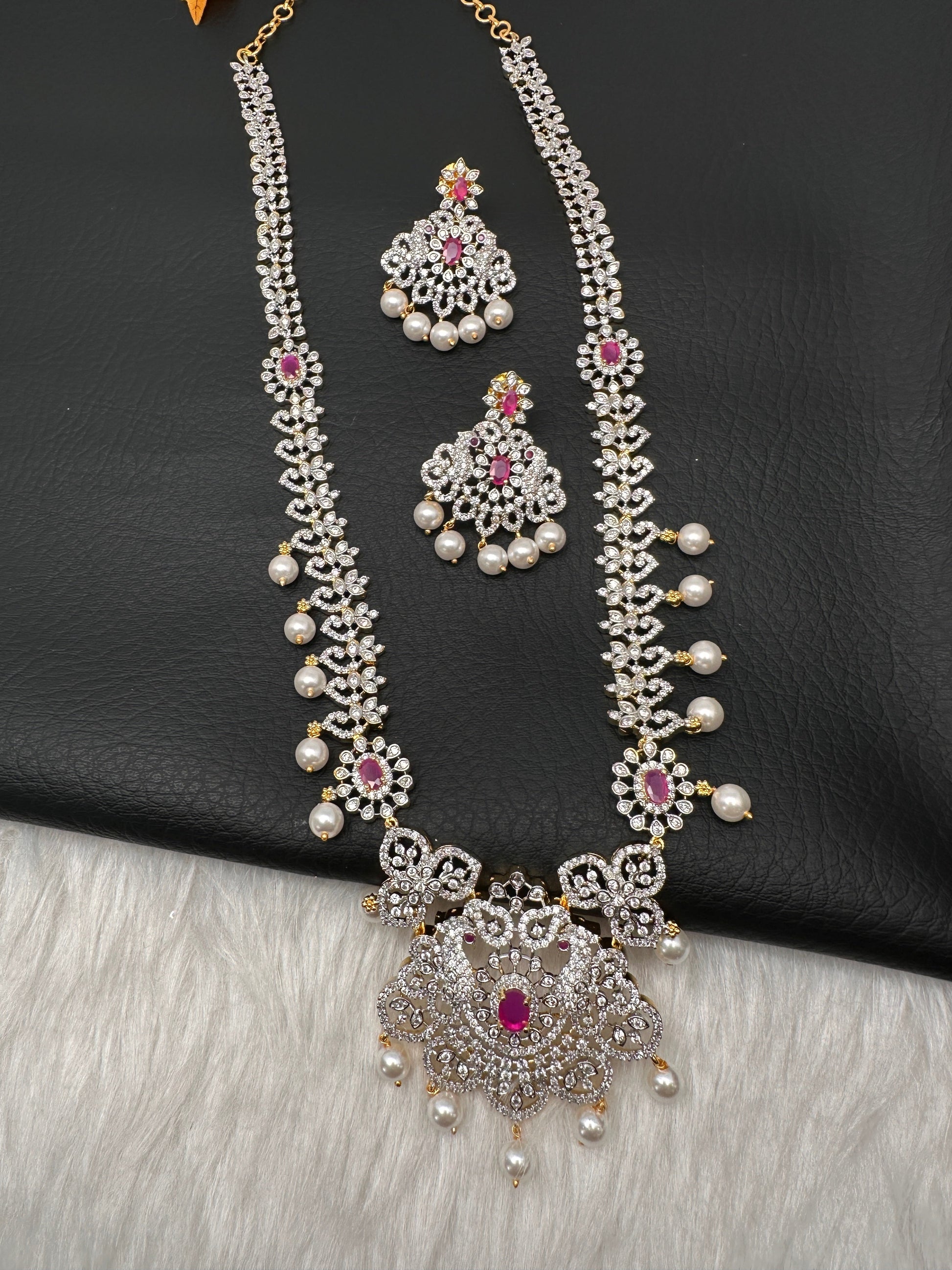 AD Peacock Color Stone Long Necklace - Red