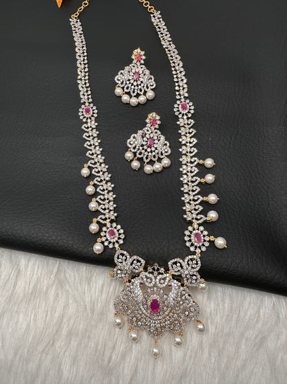 AD Peacock Color Stone Long Necklace - Red