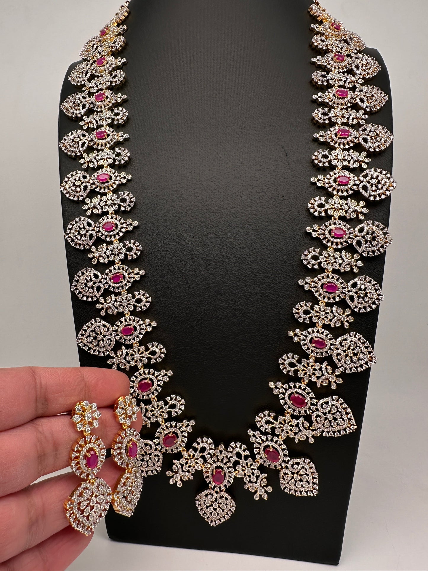 AD Long Diamond Finish Necklace - Red