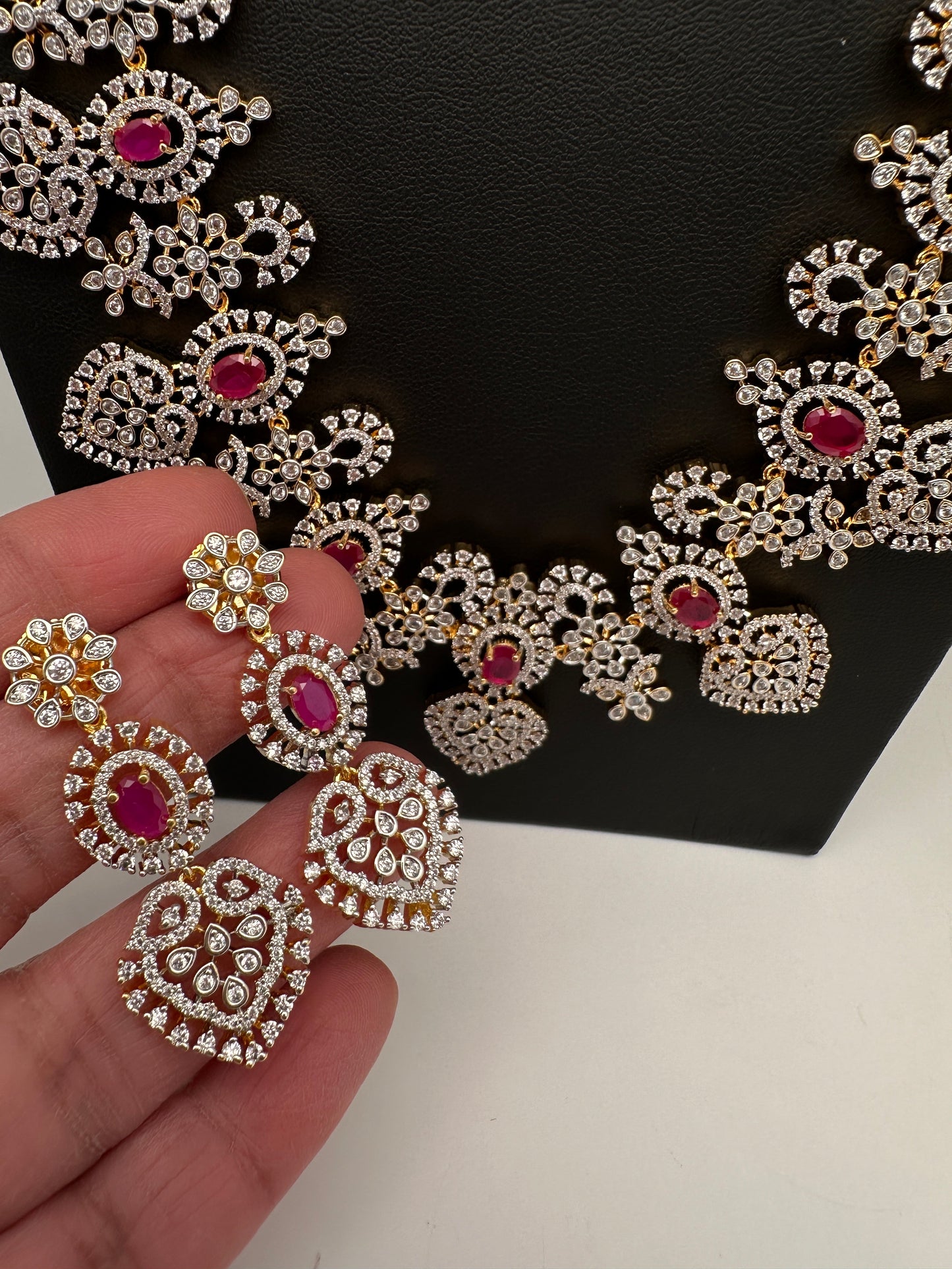 AD Long Diamond Finish Necklace - Red