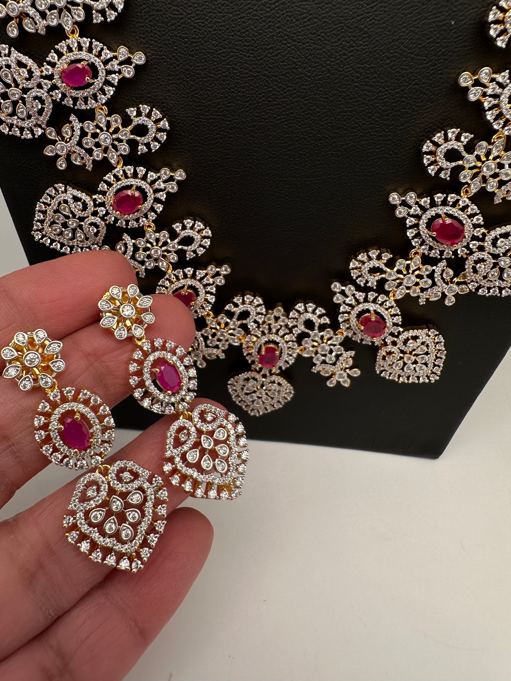 AD Long Diamond Finish Necklace - Red