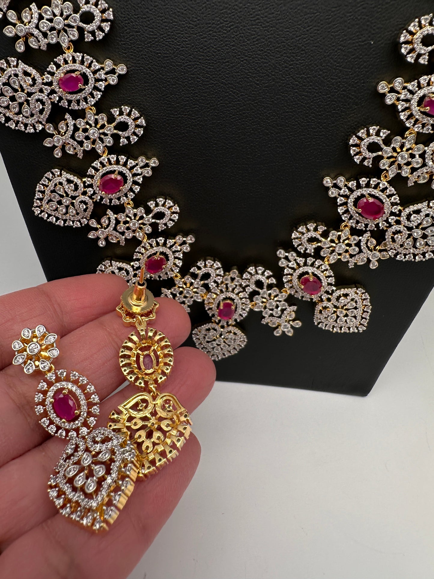 AD Long Diamond Finish Necklace - Red