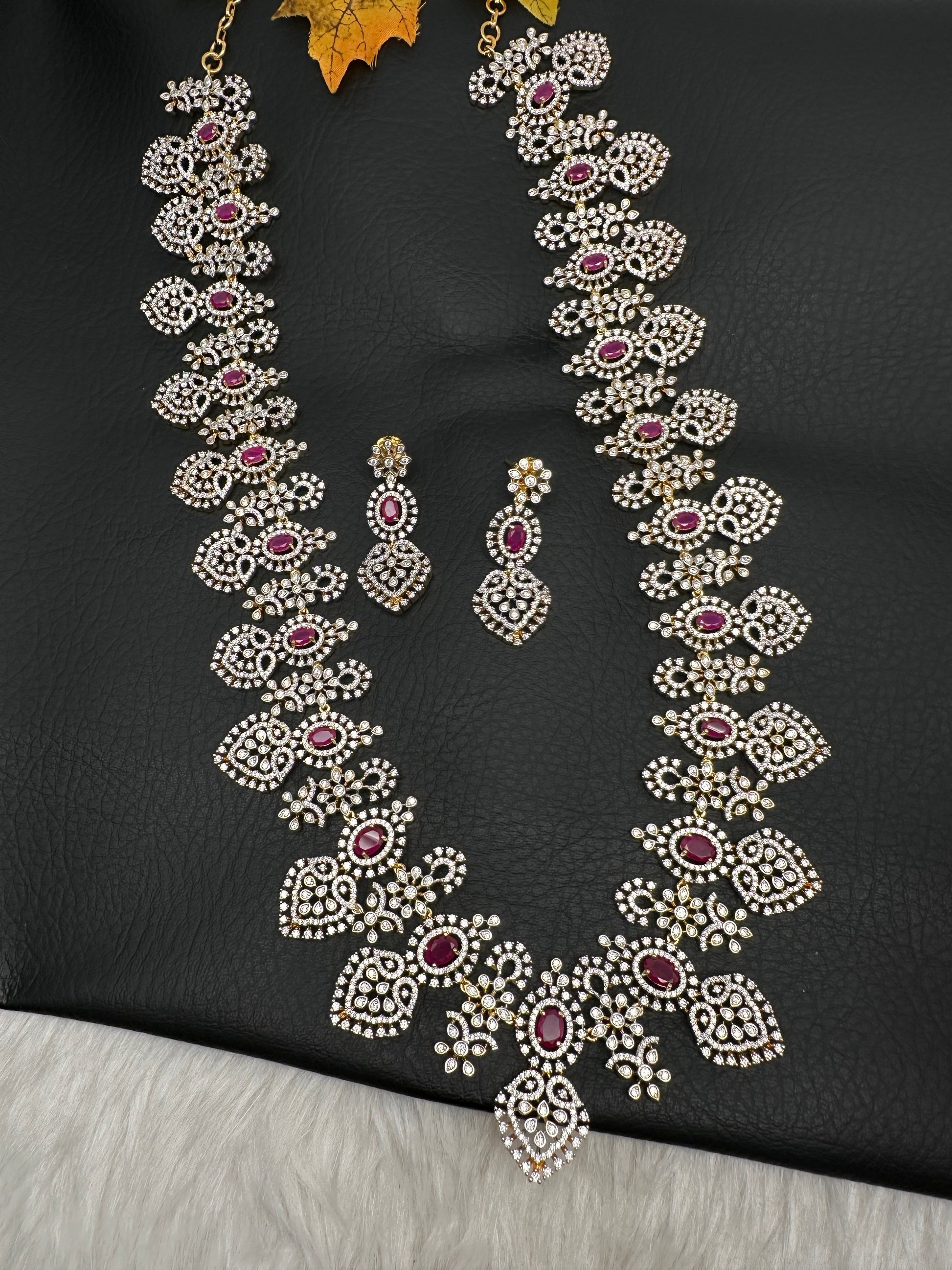 AD Long Diamond Finish Necklace - Red