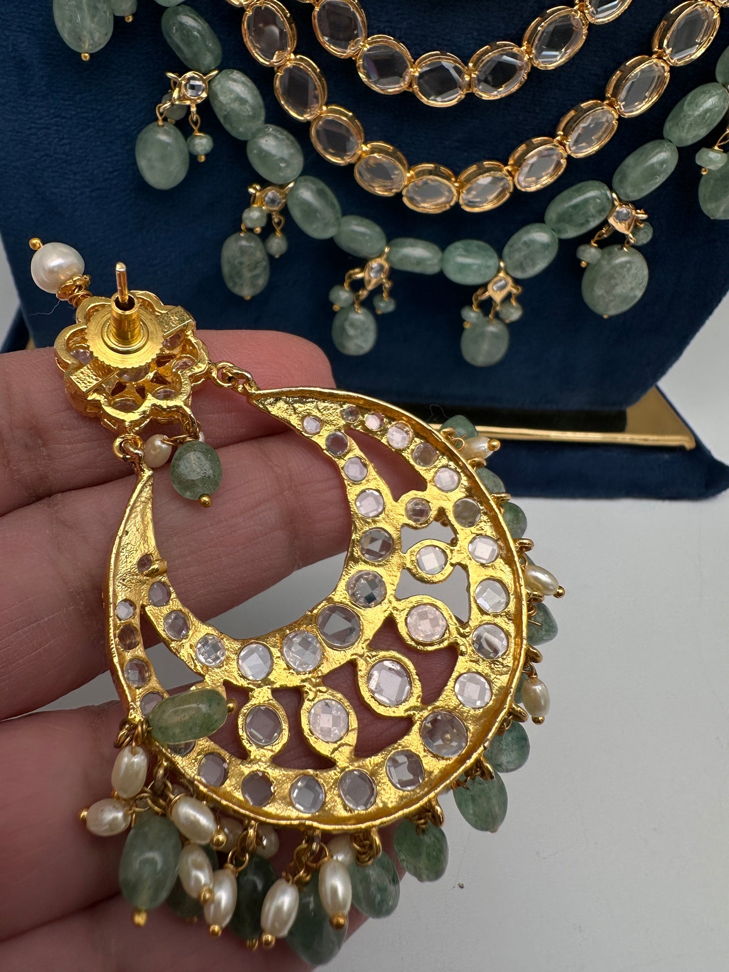Polki CZ 6 Carat Gold Plated Panch Lada Emerald Necklace Chandbali