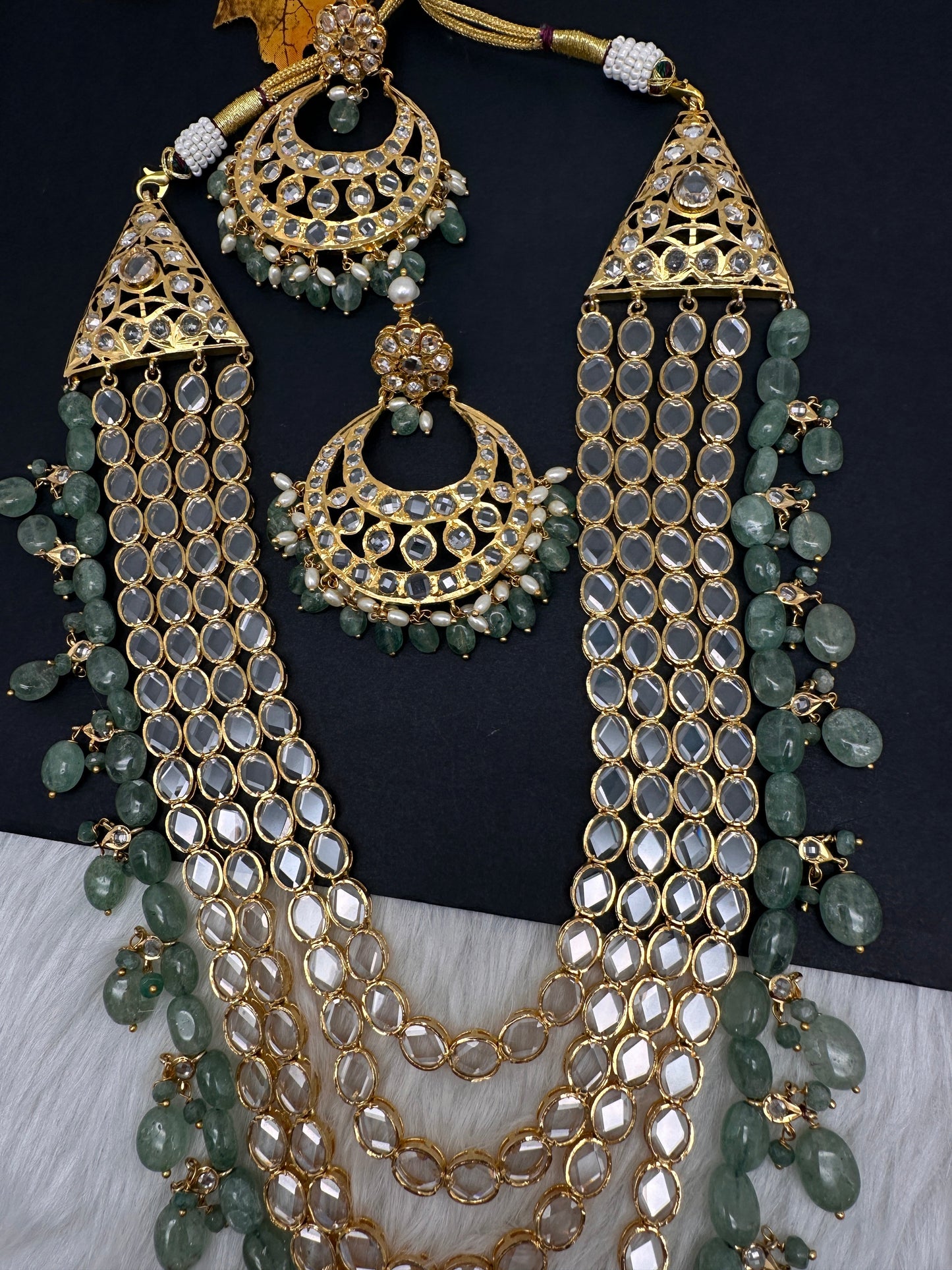 Polki CZ 6 Carat Gold Plated Panch Lada Emerald Necklace Chandbali