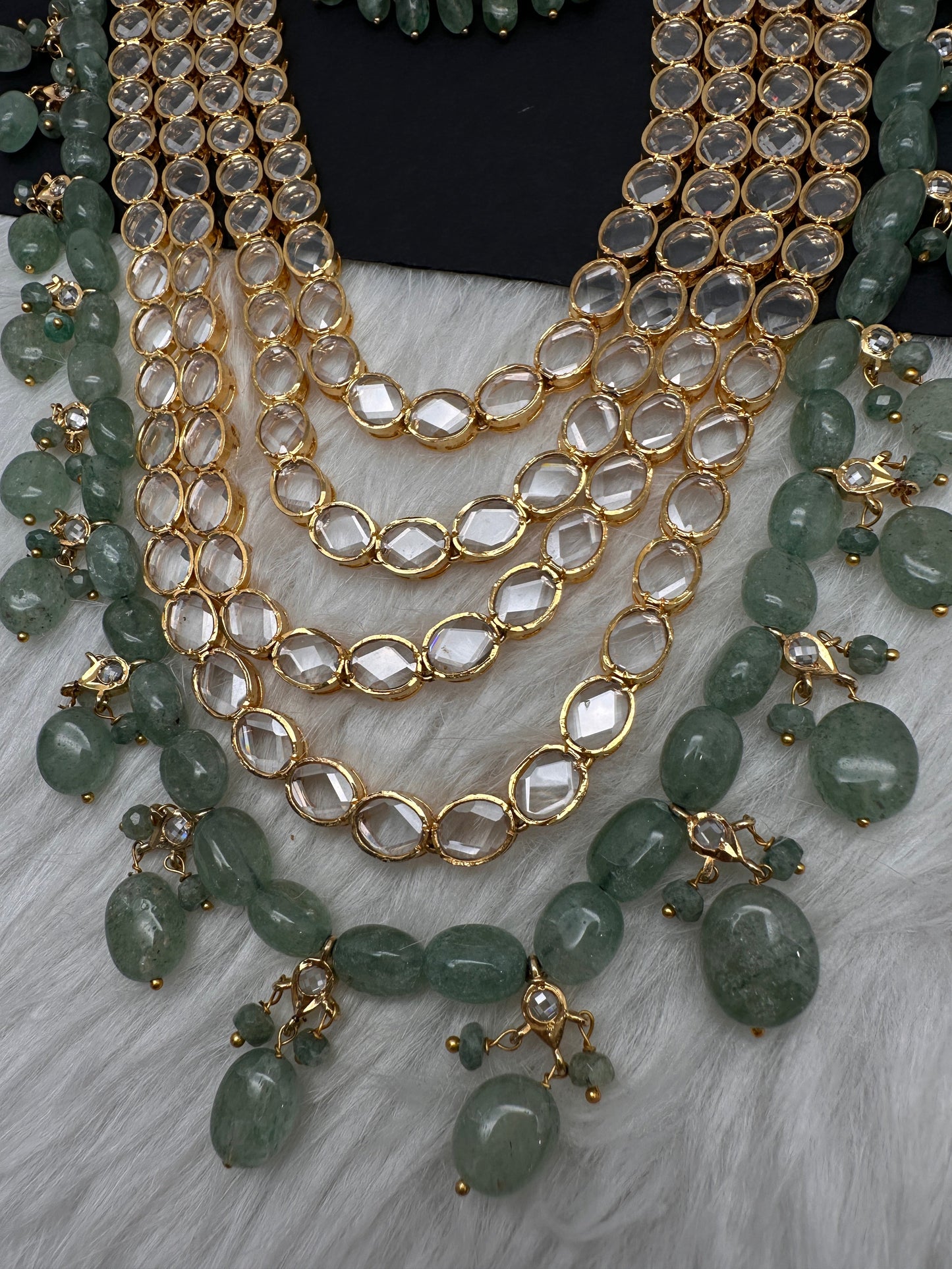 Polki CZ 6 Carat Gold Plated Panch Lada Emerald Necklace Chandbali