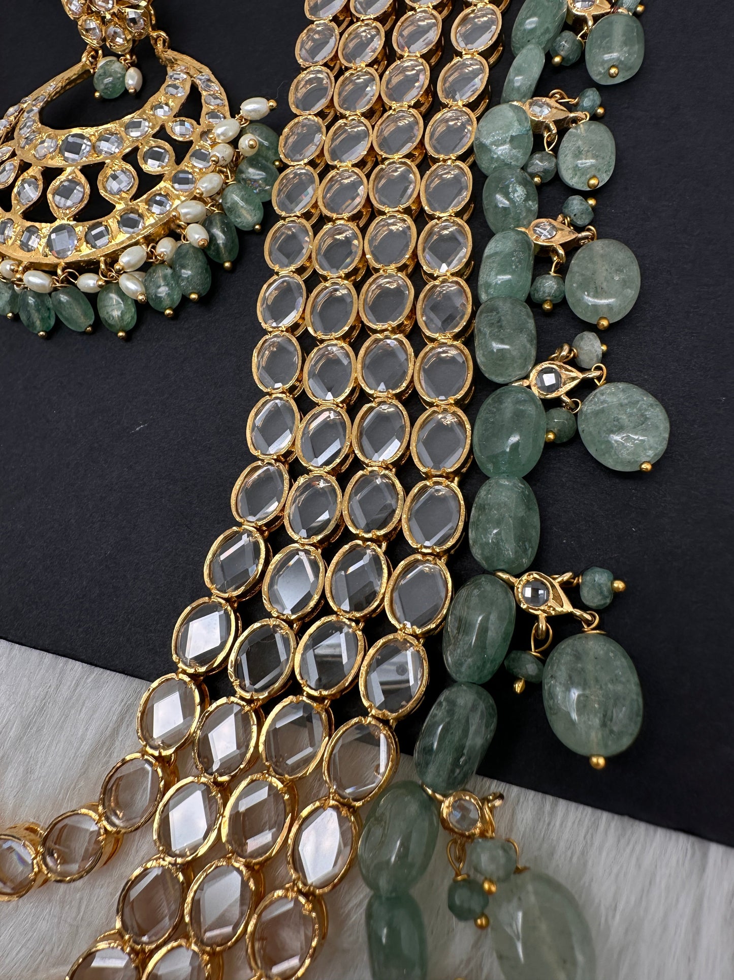 Polki CZ 6 Carat Gold Plated Panch Lada Emerald Necklace Chandbali