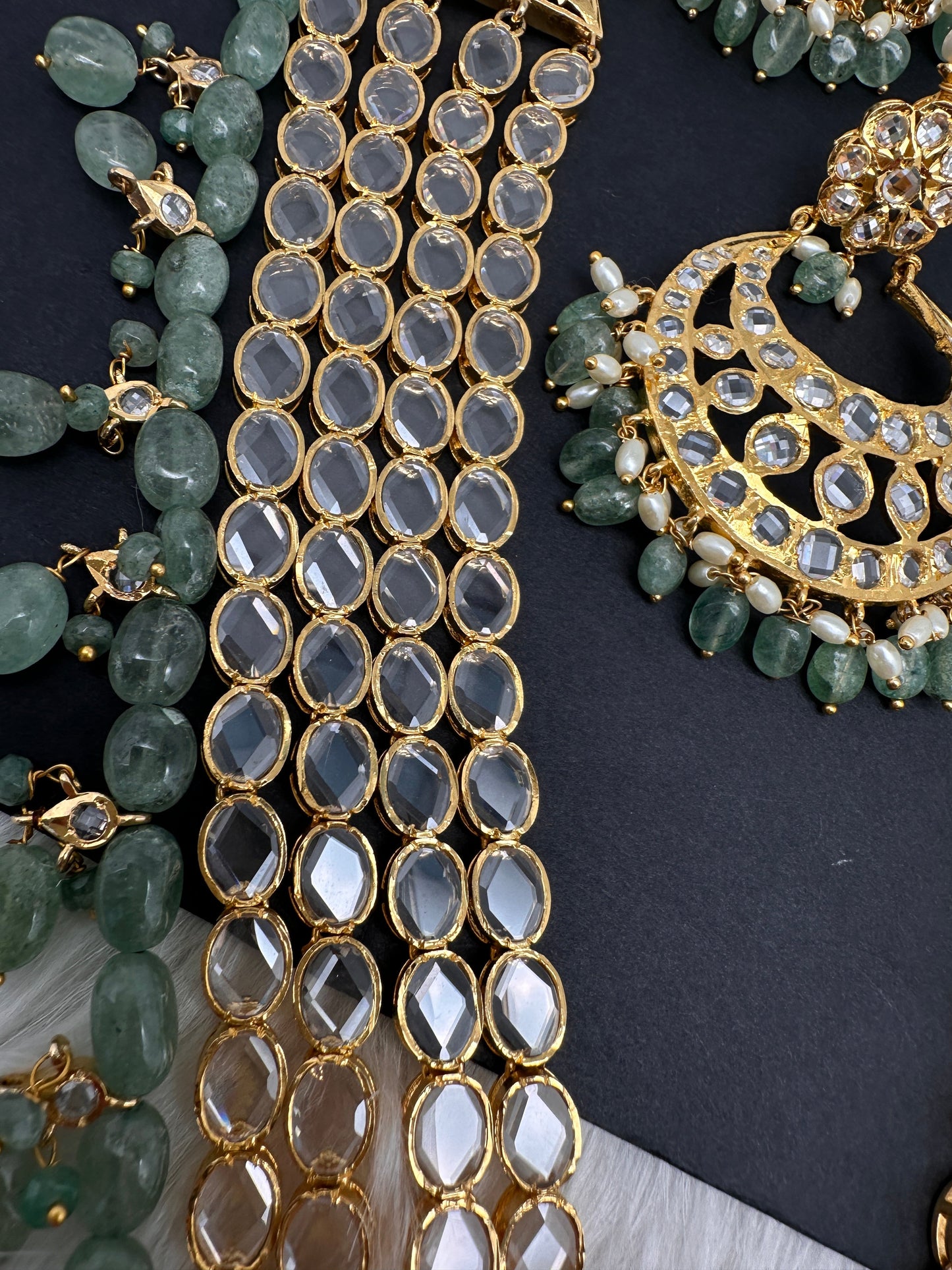 Polki CZ 6 Carat Gold Plated Panch Lada Emerald Necklace Chandbali