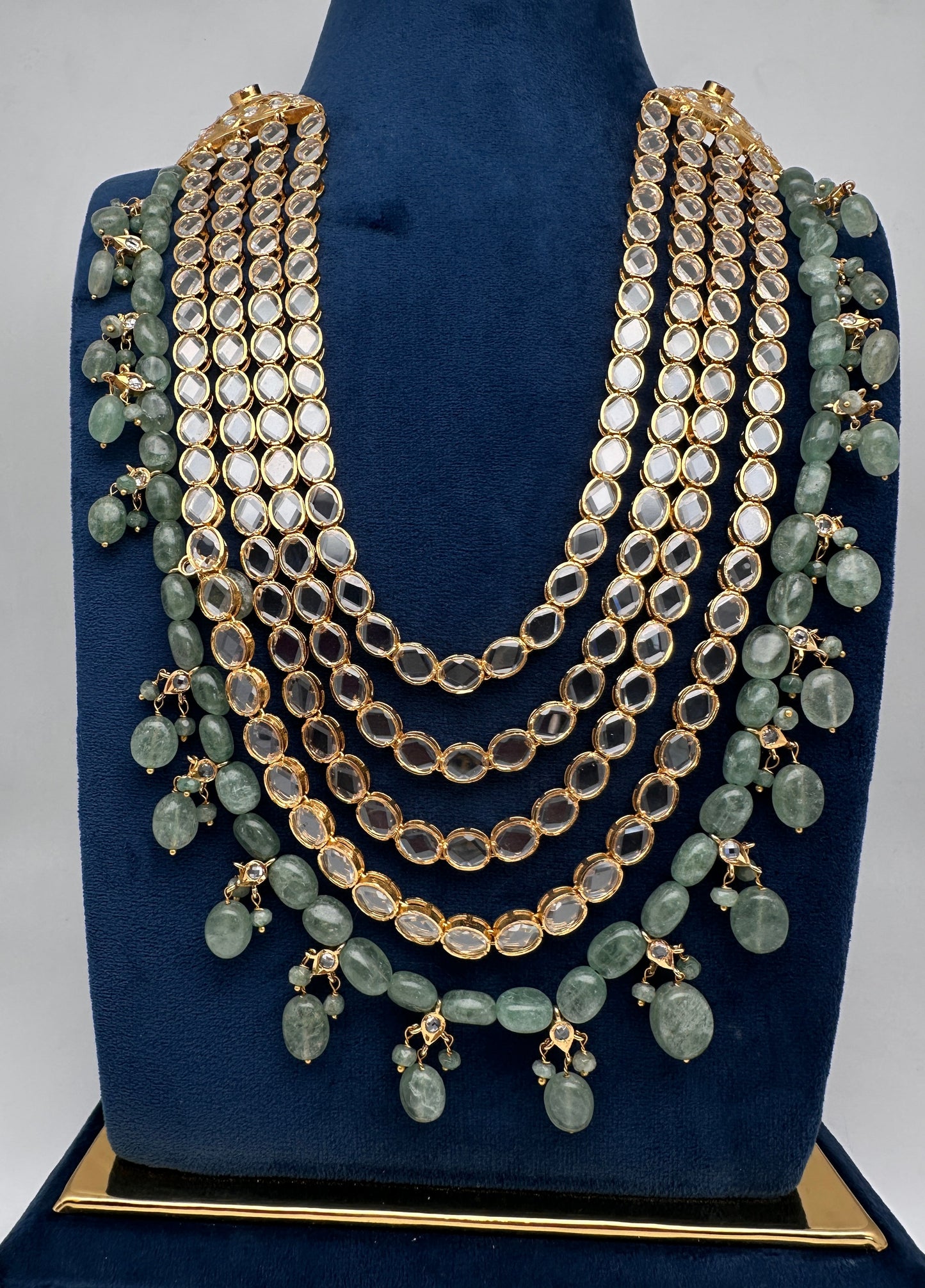 Polki CZ 6 Carat Gold Plated Panch Lada Emerald Necklace Chandbali