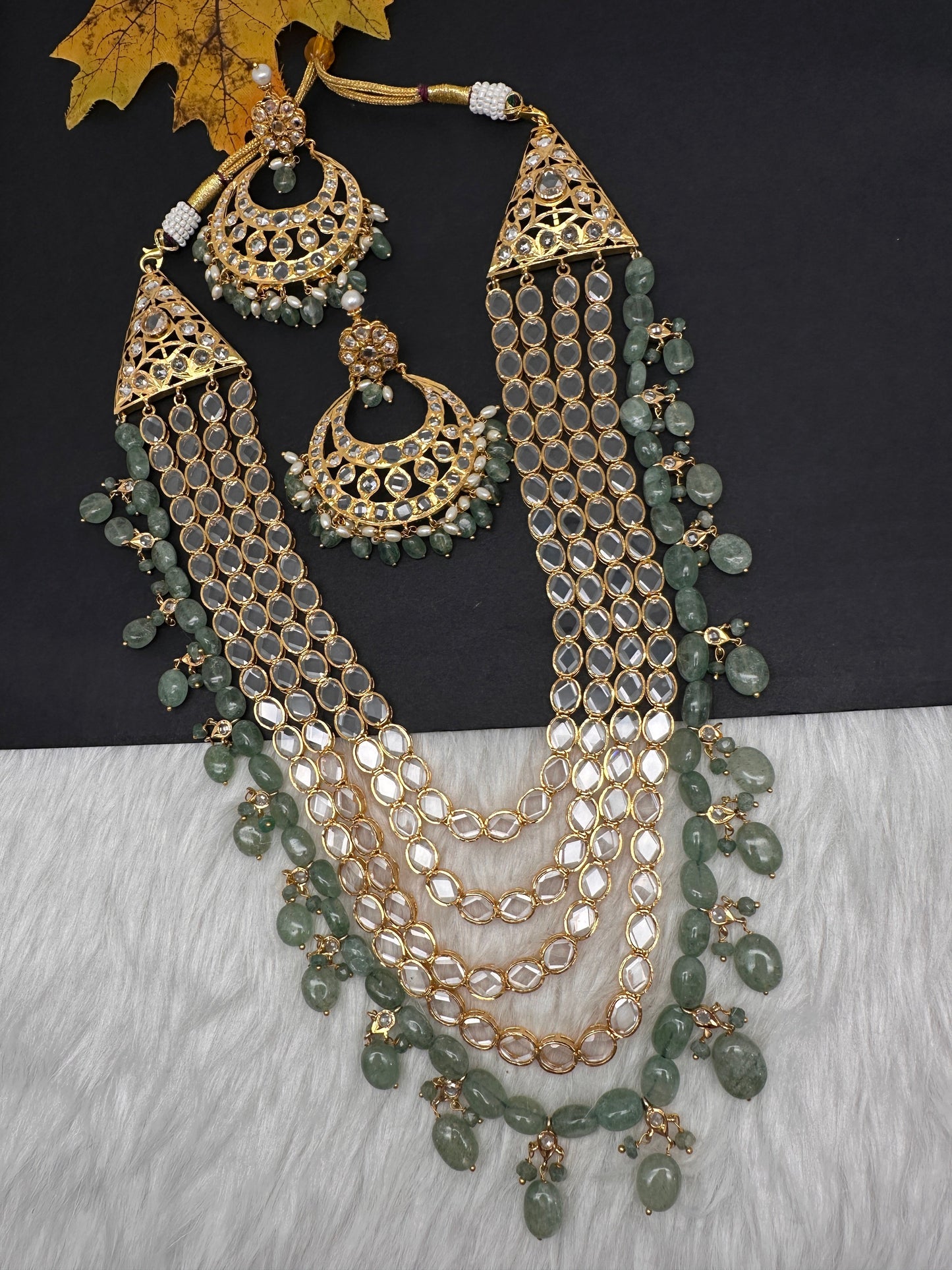 Polki CZ 6 Carat Gold Plated Panch Lada Emerald Necklace Chandbali