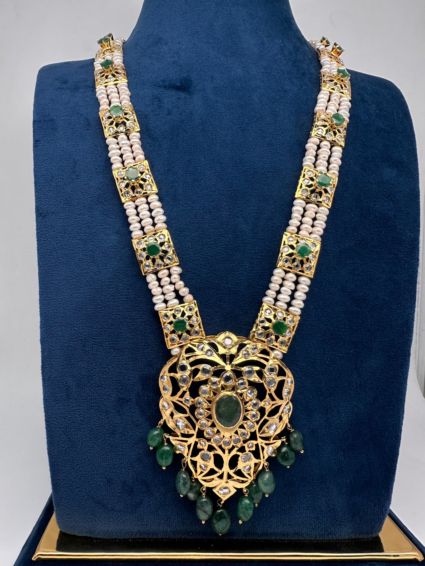 Polki CZ 6 Carat Gold Plated Real Pearls Emerald  Necklace