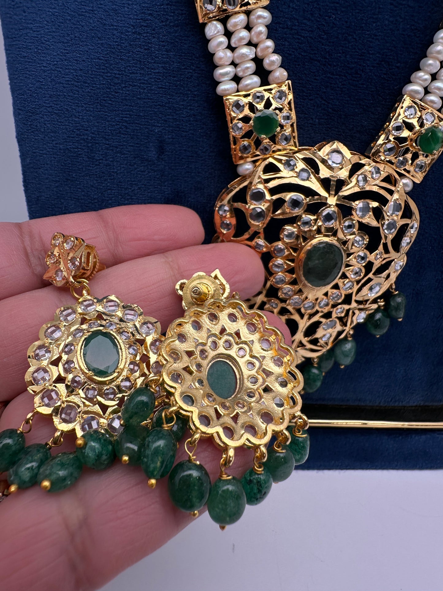 Polki CZ 6 Carat Gold Plated Real Pearls Emerald  Necklace