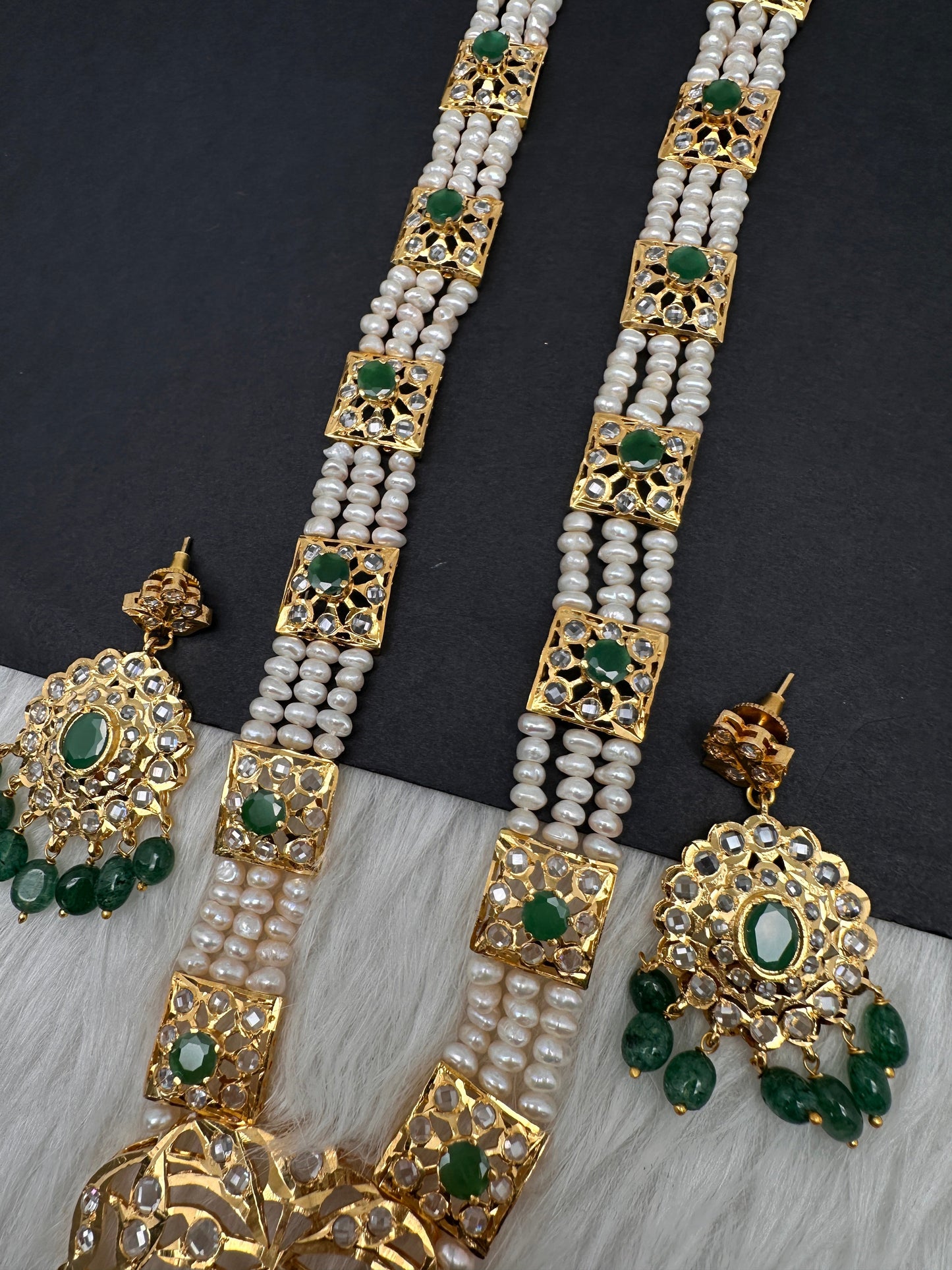 Polki CZ 6 Carat Gold Plated Real Pearls Emerald  Necklace
