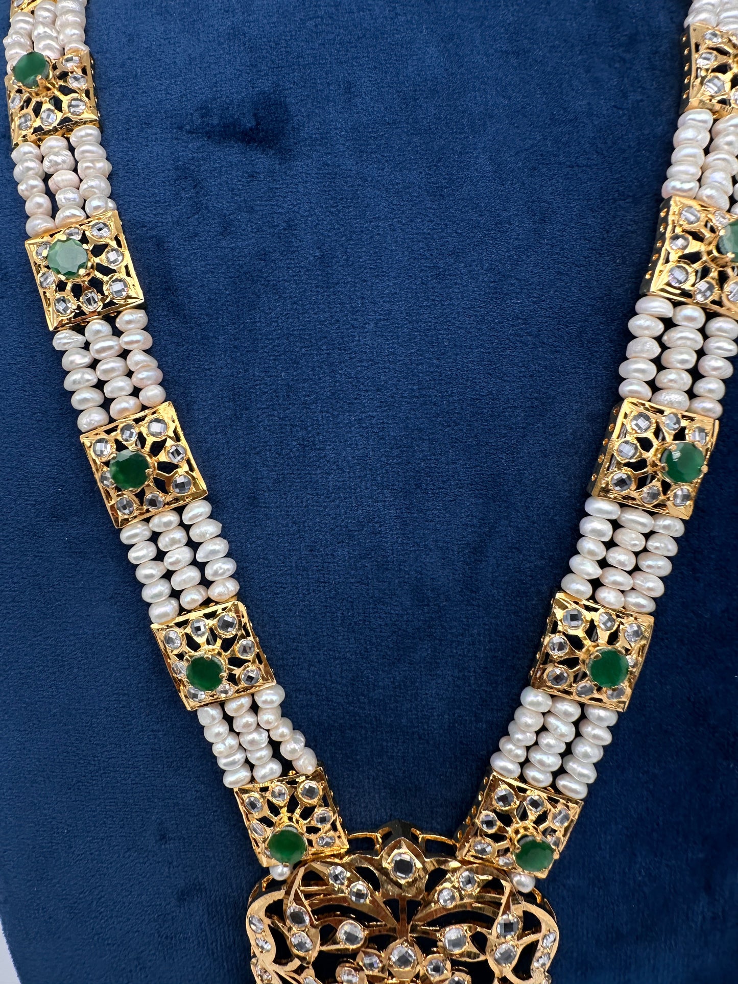 Polki CZ 6 Carat Gold Plated Real Pearls Emerald  Necklace