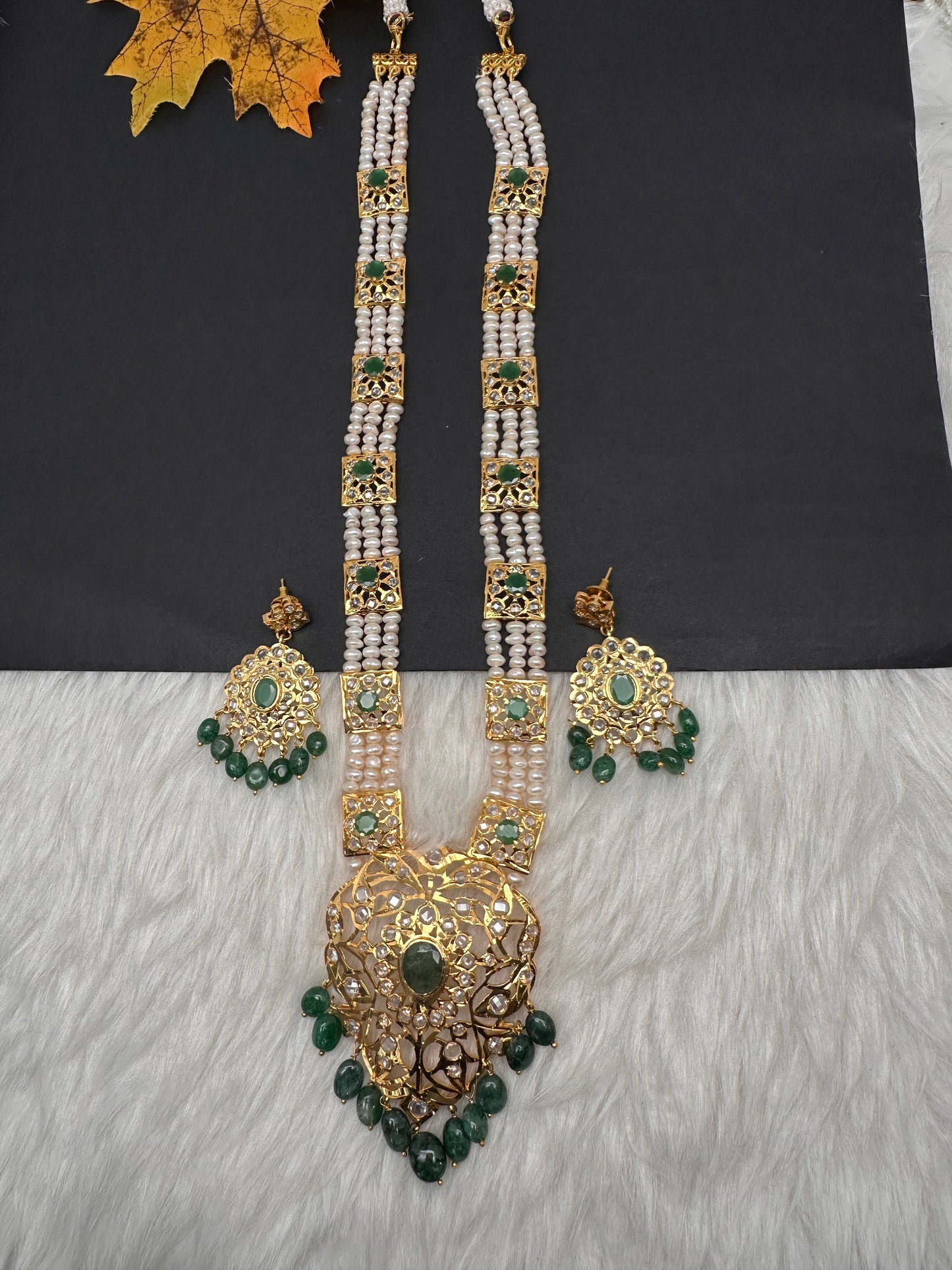 Polki CZ 6 Carat Gold Plated Real Pearls Emerald  Necklace