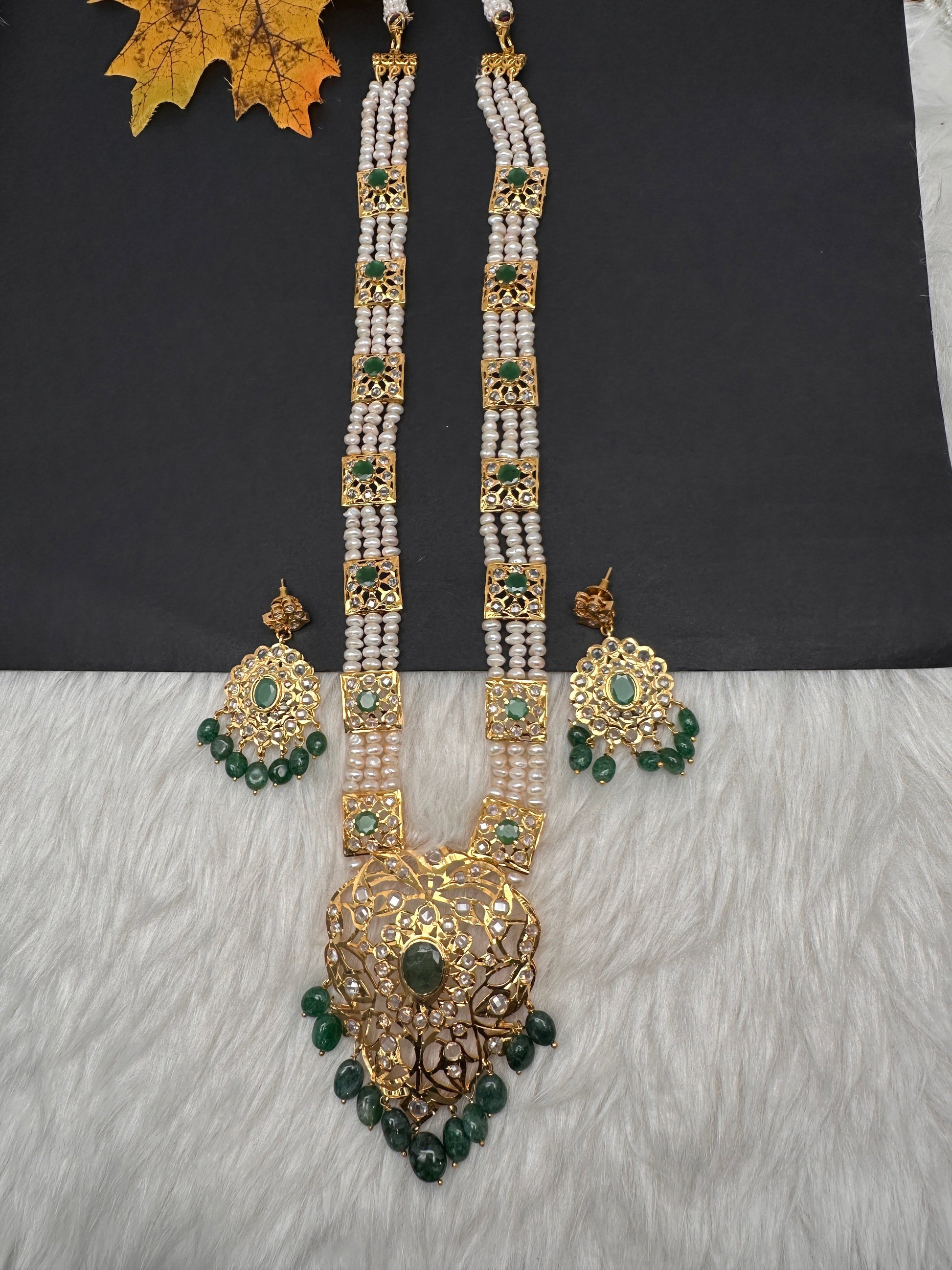 Polki CZ 6 Carat Gold Plated Real Pearls Emerald  Necklace