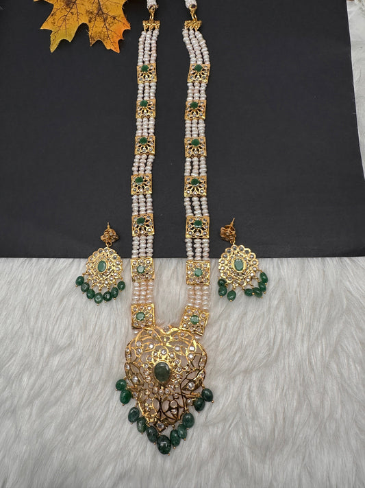 Polki CZ 6 Carat Gold Plated Real Pearls Emerald  Necklace