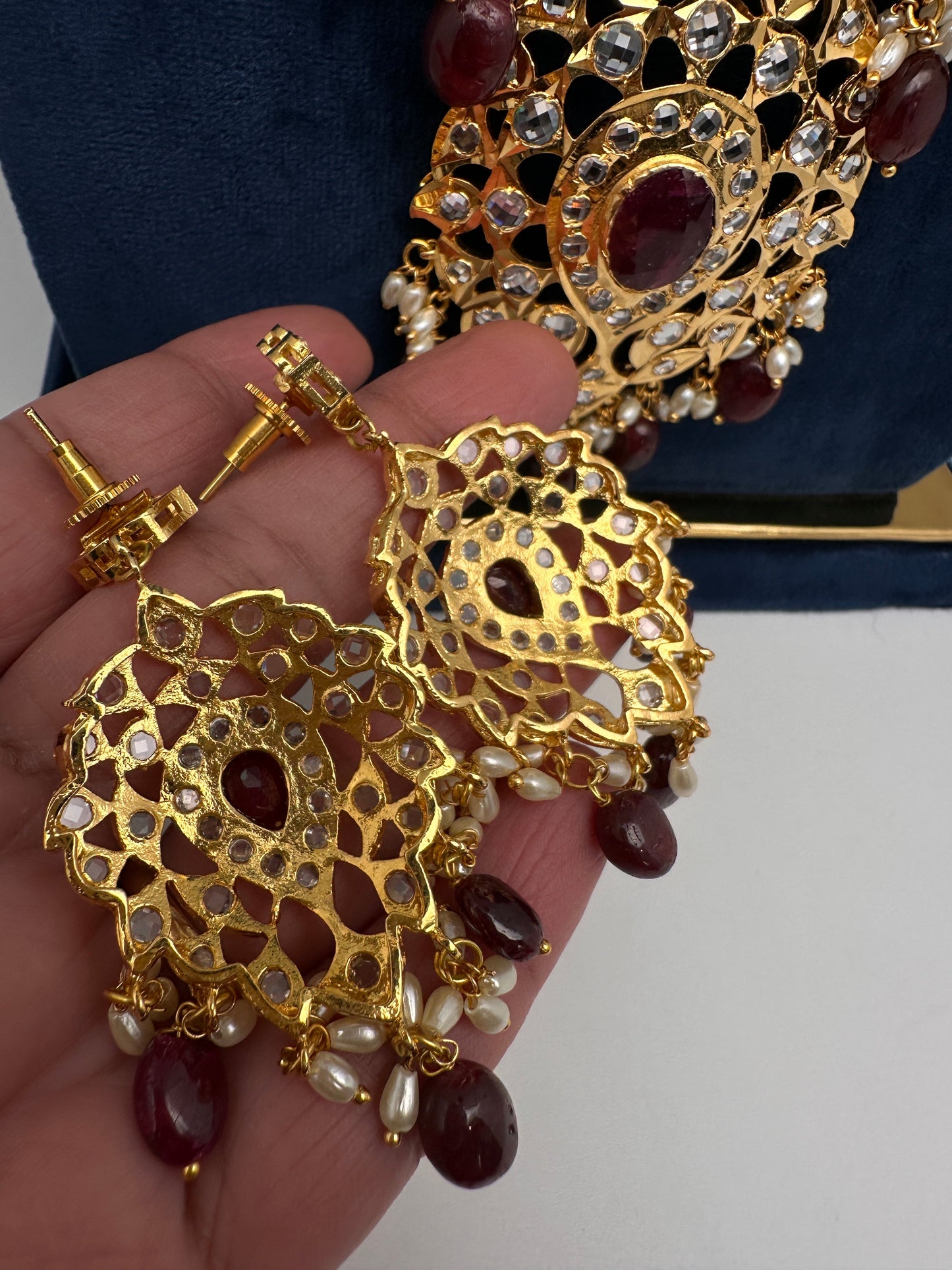 Polki CZ 6 Carat Gold Plated Real Ruby Long Necklace